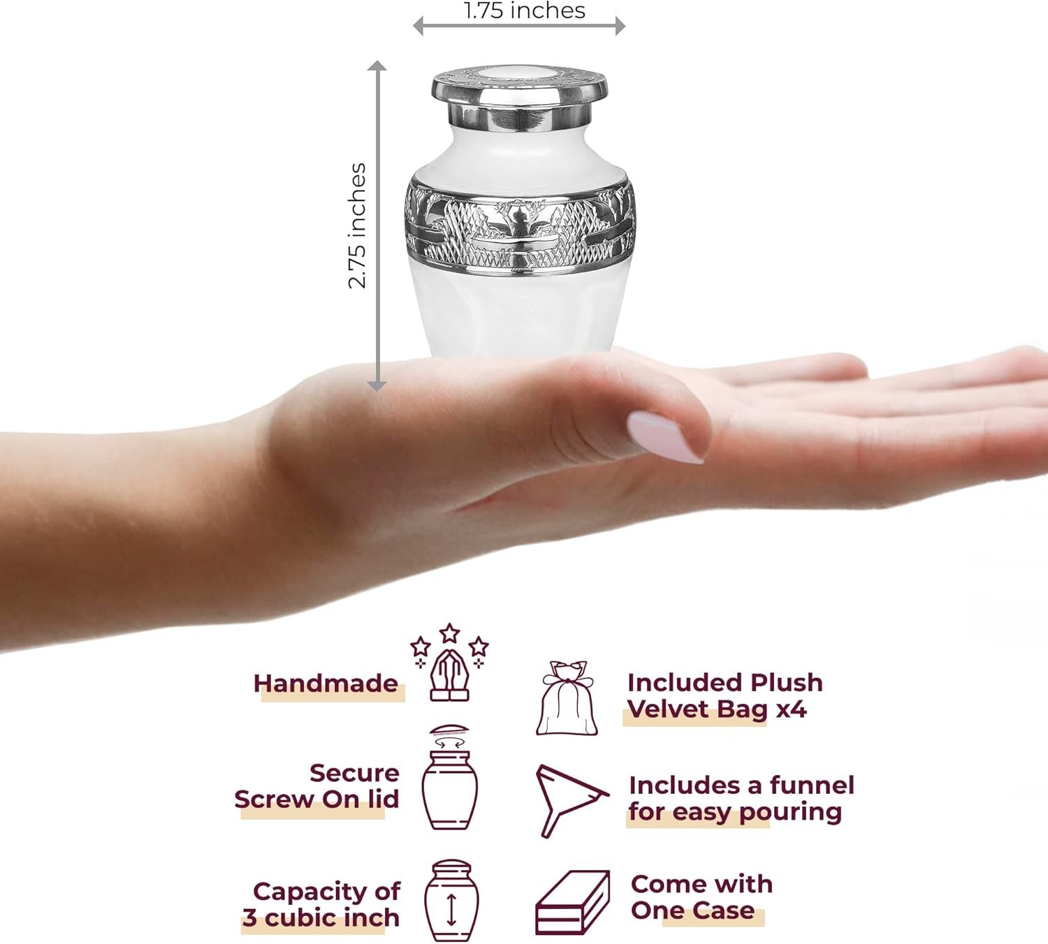 Set of 4 Durable Brass Decorative Mini Urns for Adult Ashes – Pearl White Finish