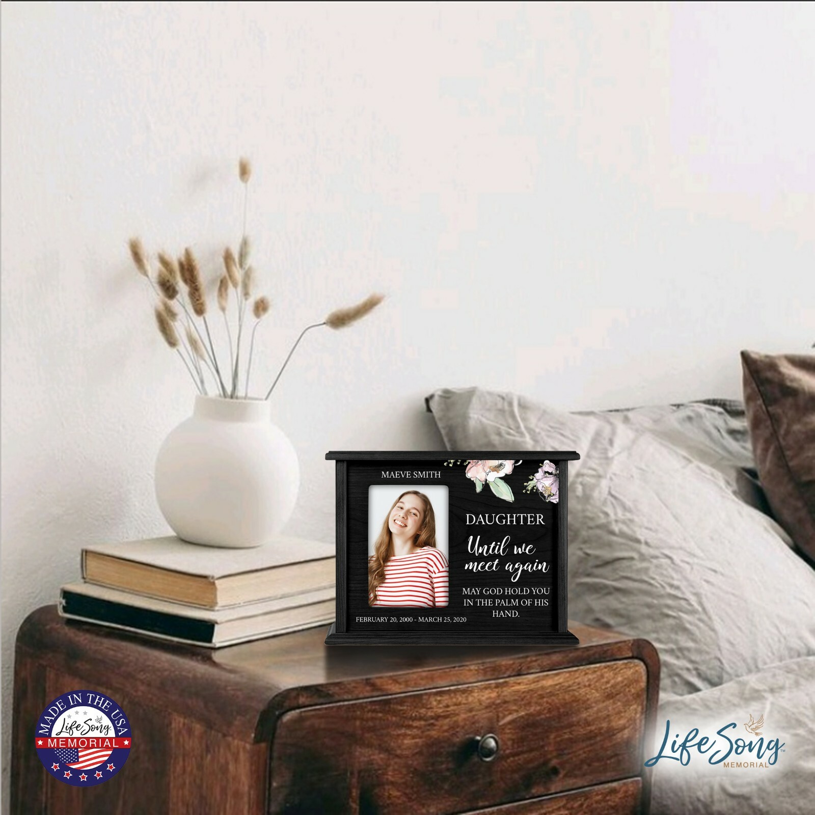 Custom Cremation Urn Box Holds 200 cu in w/ 4×6 Photo – Until We Meet (Daughter)