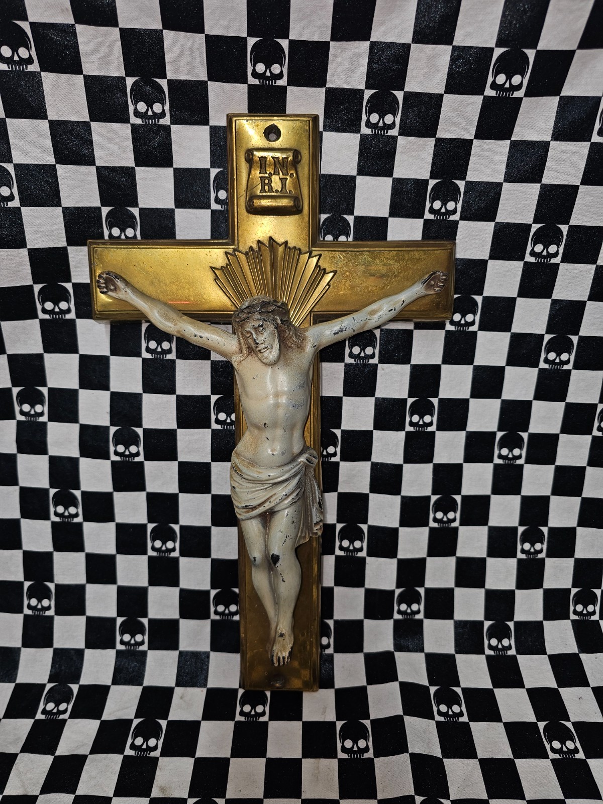 Vintage Funeral Casket Burial Cross Crucifix Brass 13″ Mid Century