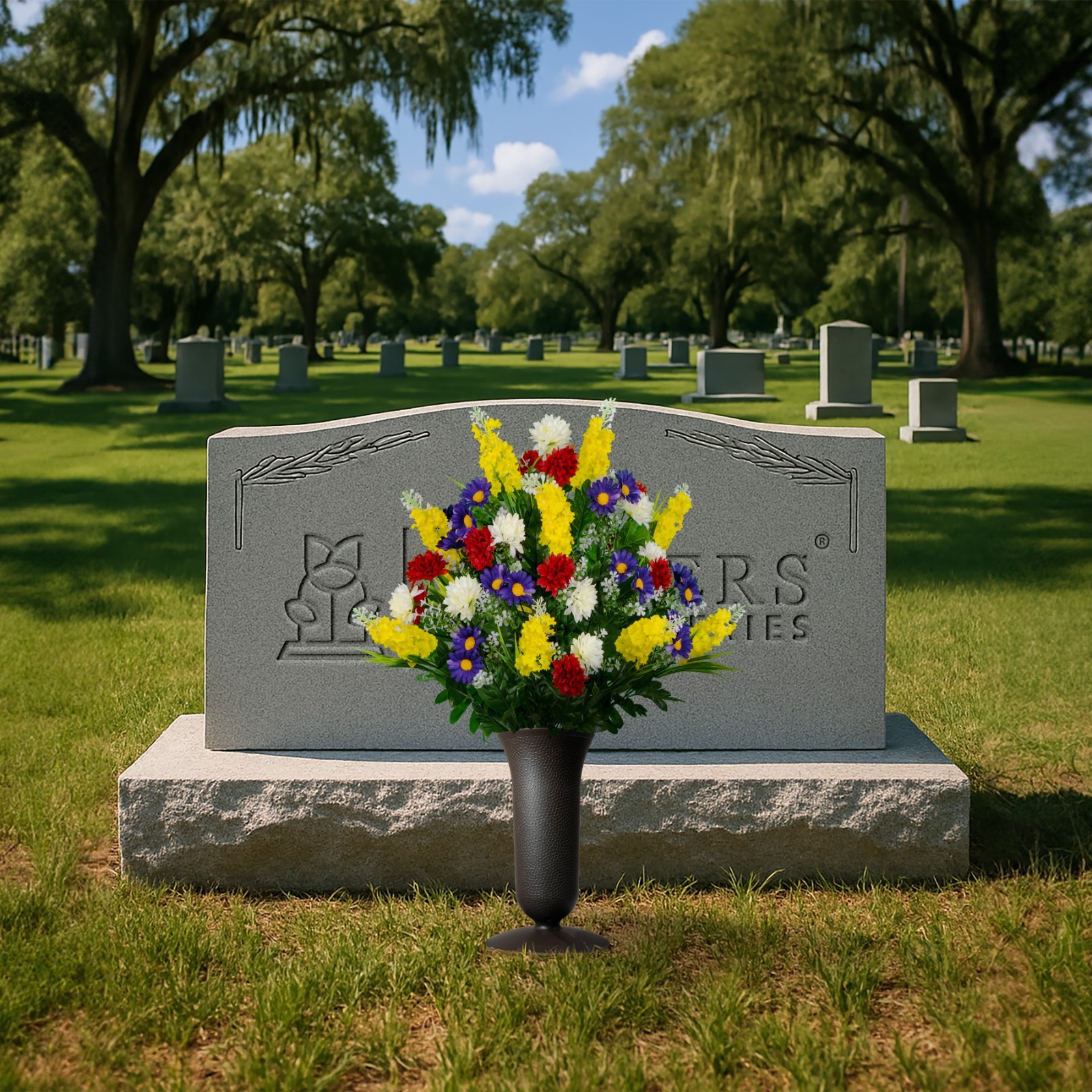 Artificial Cemetery Flowers – Yellow Red Wildflowers with Cemetery Vase Included