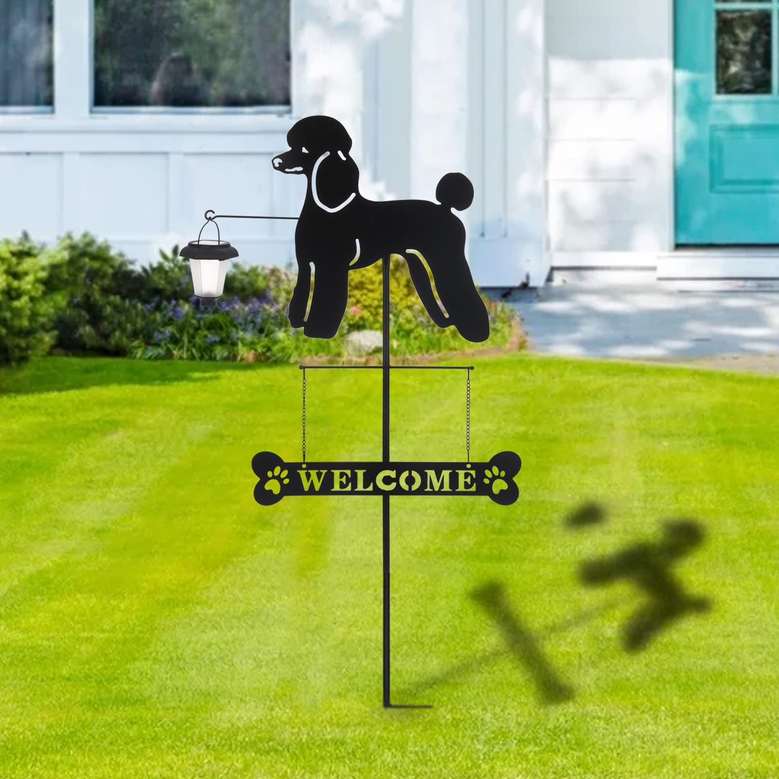 Solar Poodle Garden Stakes Decorative with a Lantern Dog Silhouette Welcome S…