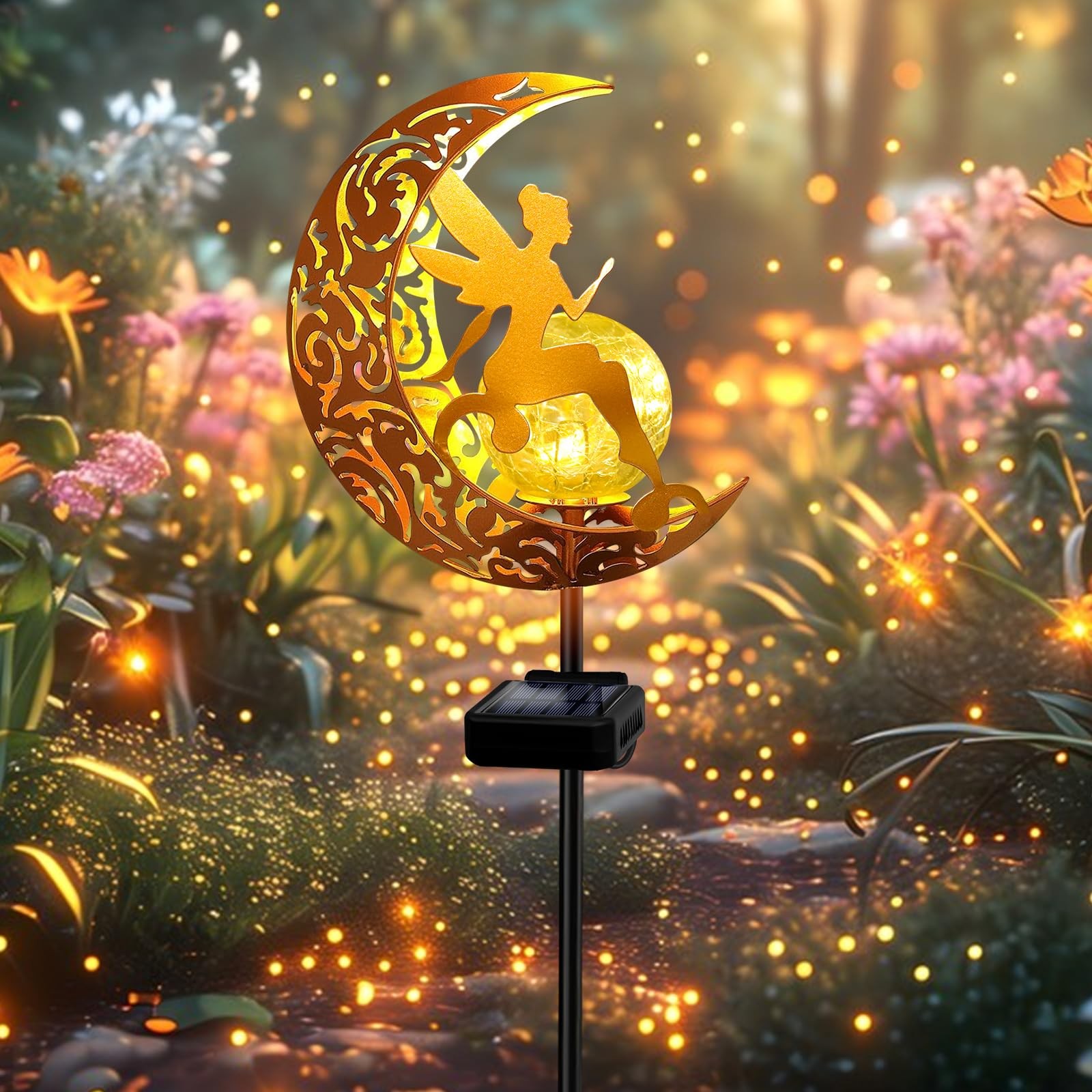Waterproof Solar Garden Pathway Lights with Moon Fairy Glass Globe Decor