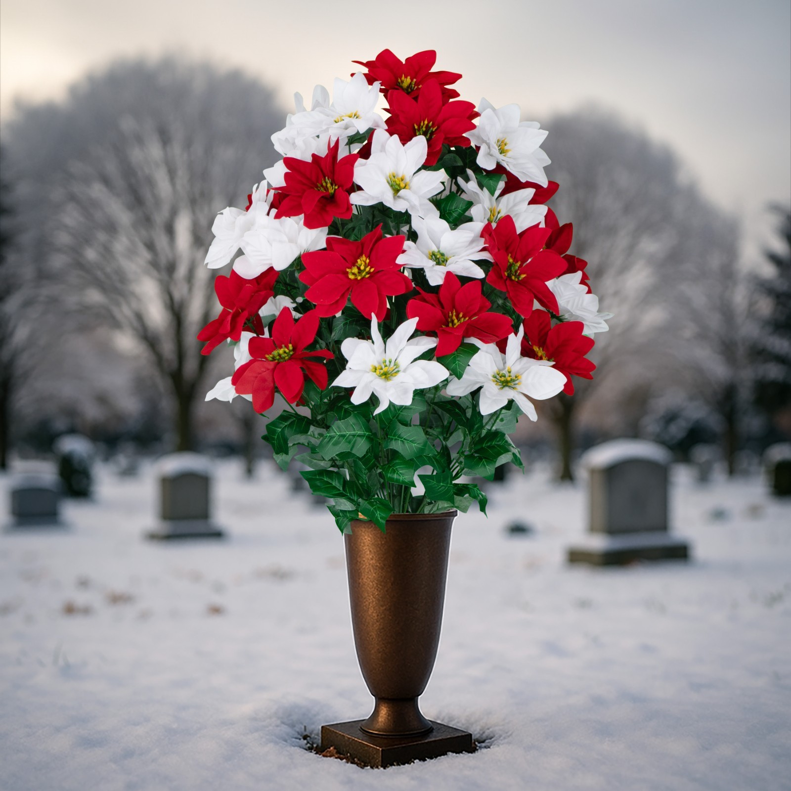 Artificial Cemetery Flowers – Red and White Poinsettias Bouquet with Vase