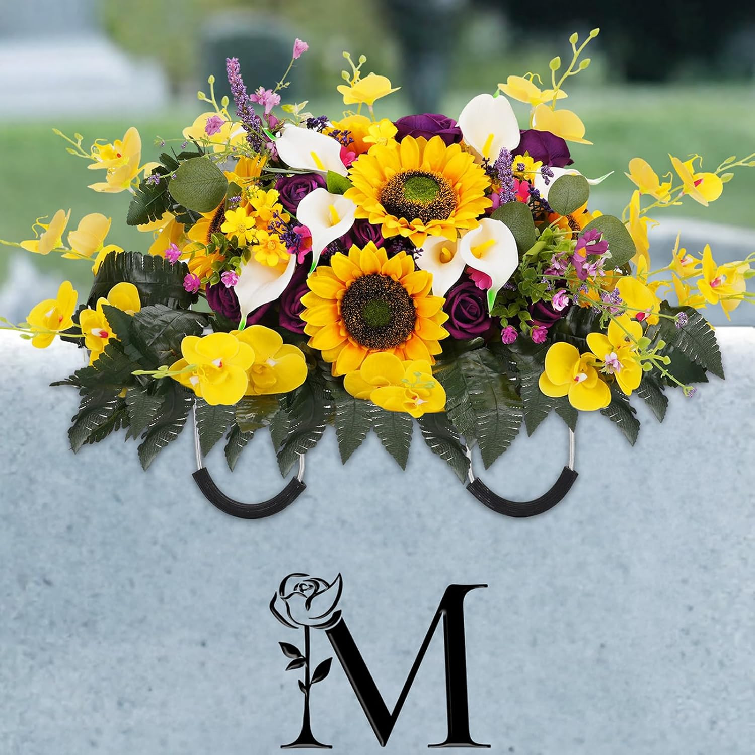 Artificial Headstone Flower Saddle: Rose Sunflower Cemetery Flowers for Grave –