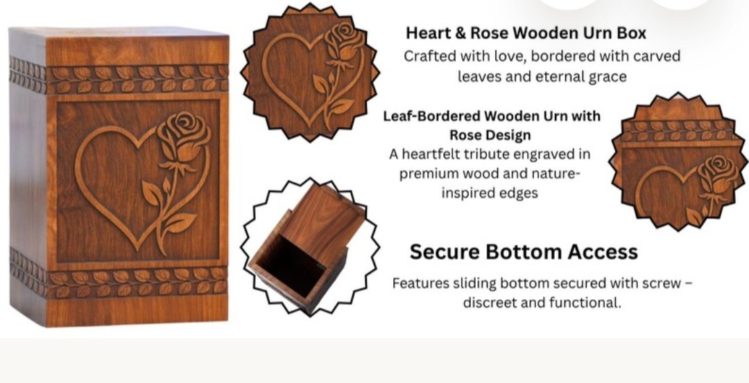 Handcrafted Wooden Urn Box with Heart and Rose Carving for Ashes