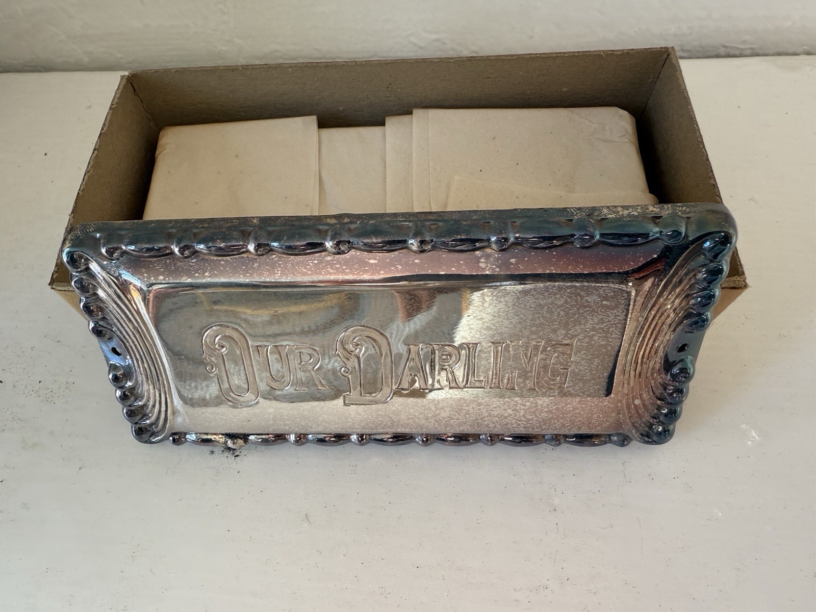 Three Morgan Silver Plate Co ‘Our Darling’ Silver Plated Coffin Plaques With Box