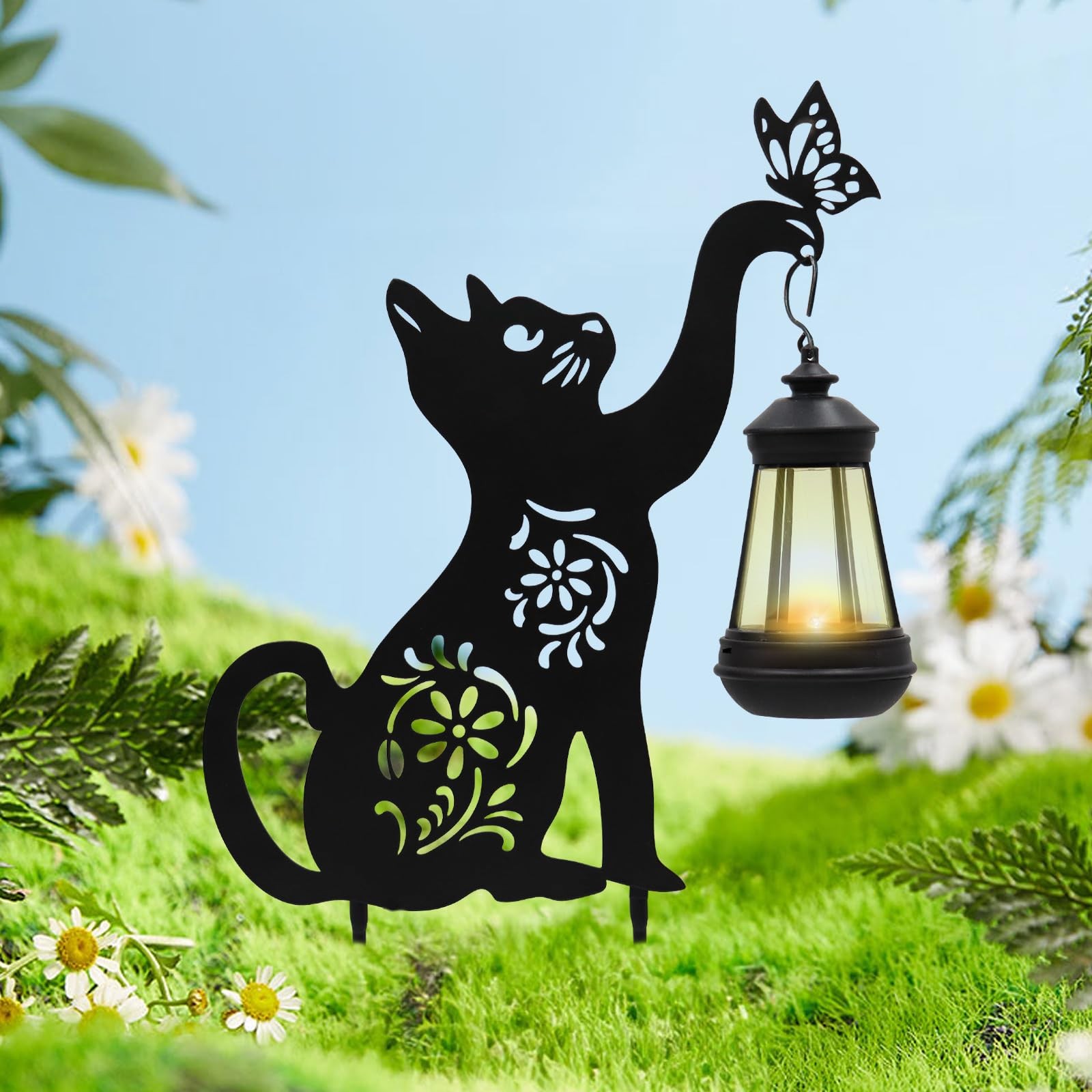Black Cat Solar Light Outdoor Garden Decor – Metal Cat Holding Lantern Stake,…