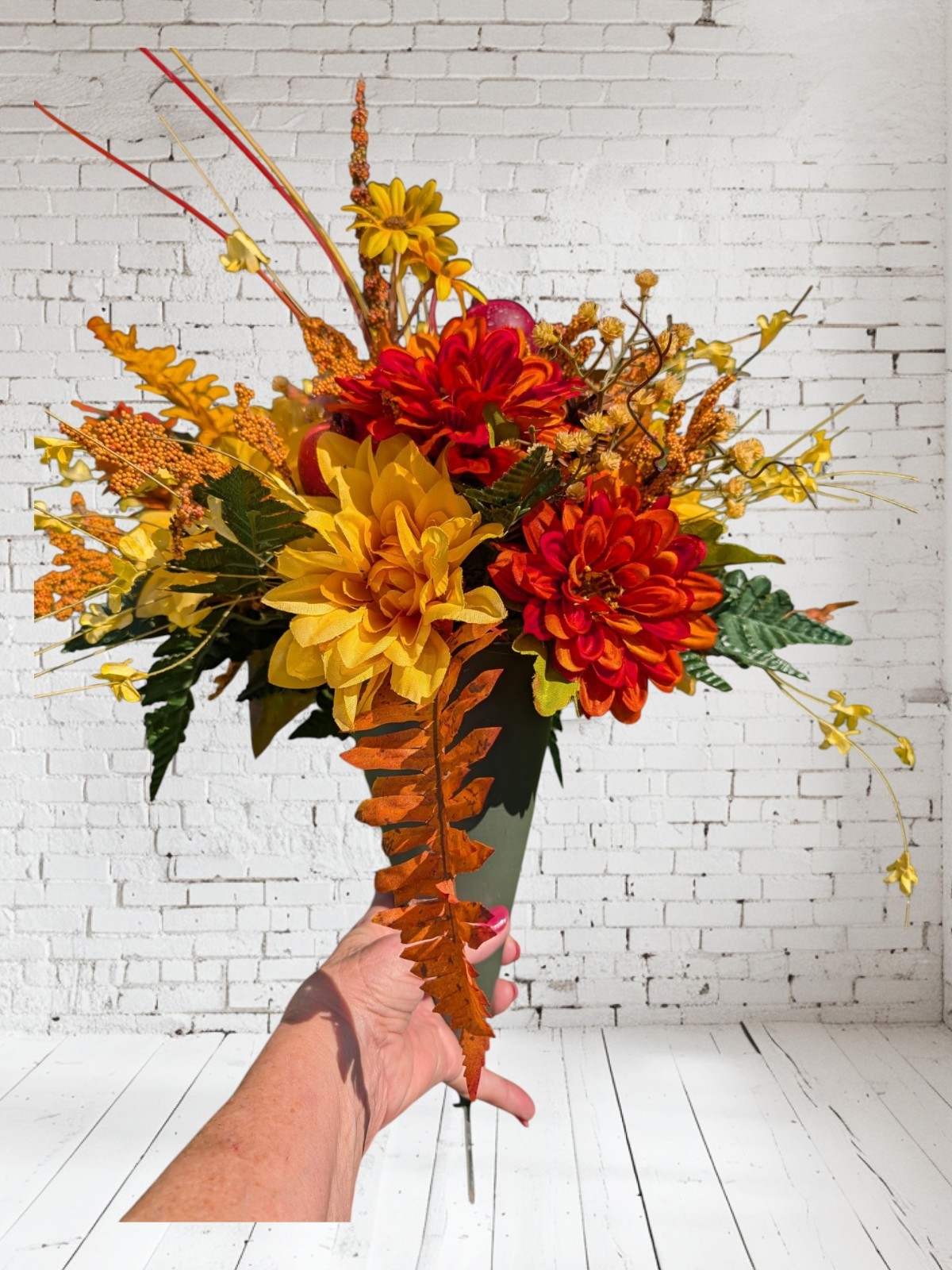 Fall Yellow dahlias and orange zinnias Cemetery Vase -Autumn cone vase