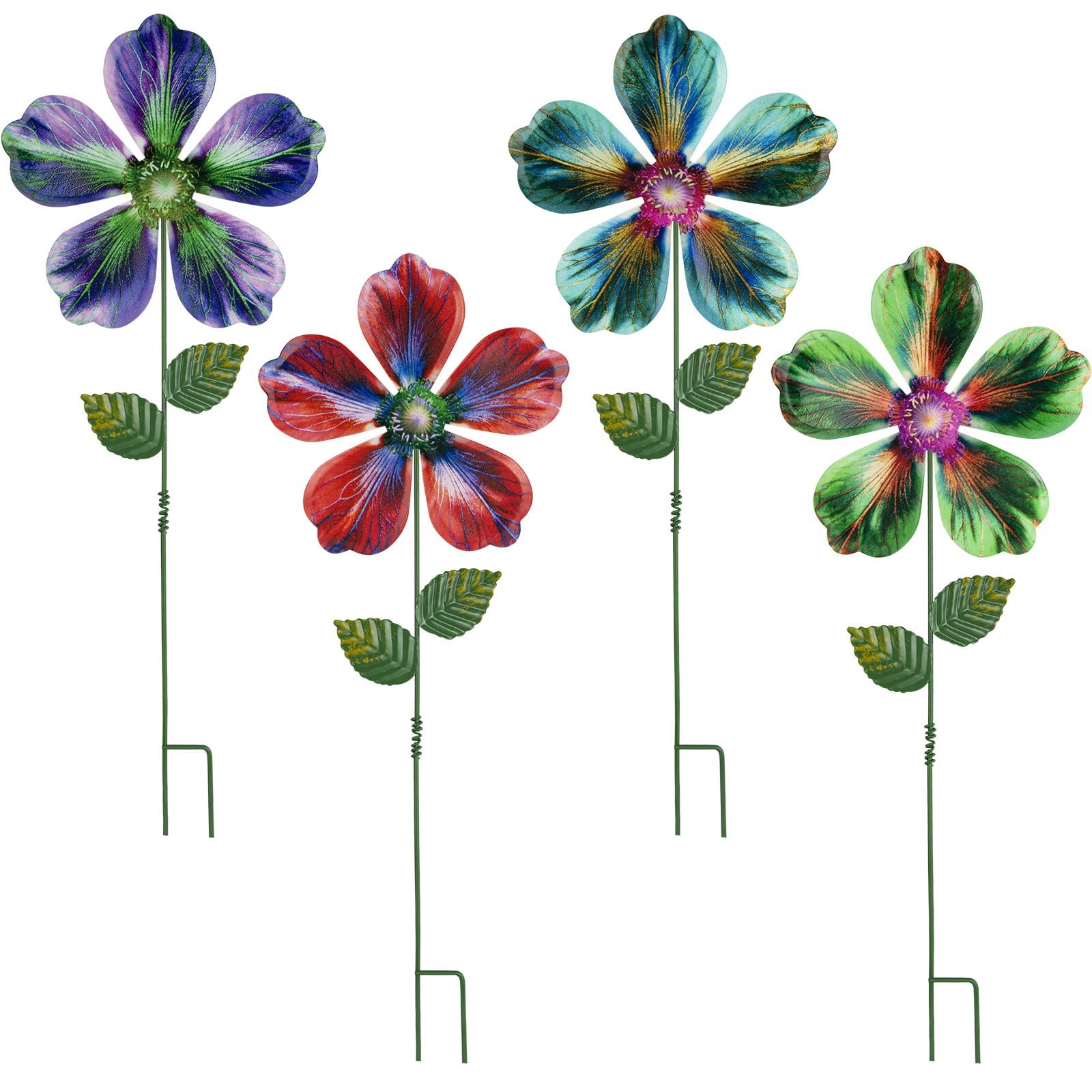 Metal Flower Garden Stakes 17″ Shaking Yard Art, 4 Pack for Outdoor Decor