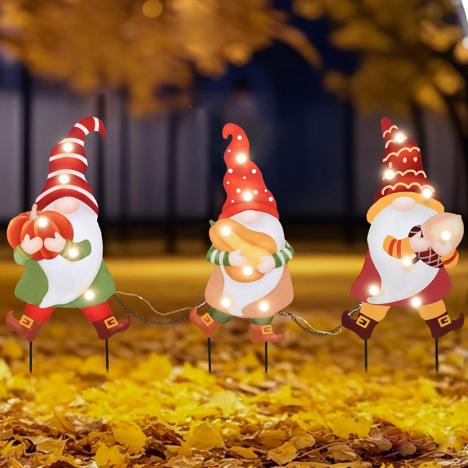 3 PCS Fall Yard Sign Metal Gnomes Decorative Garden Stakes with Led Lights Au…