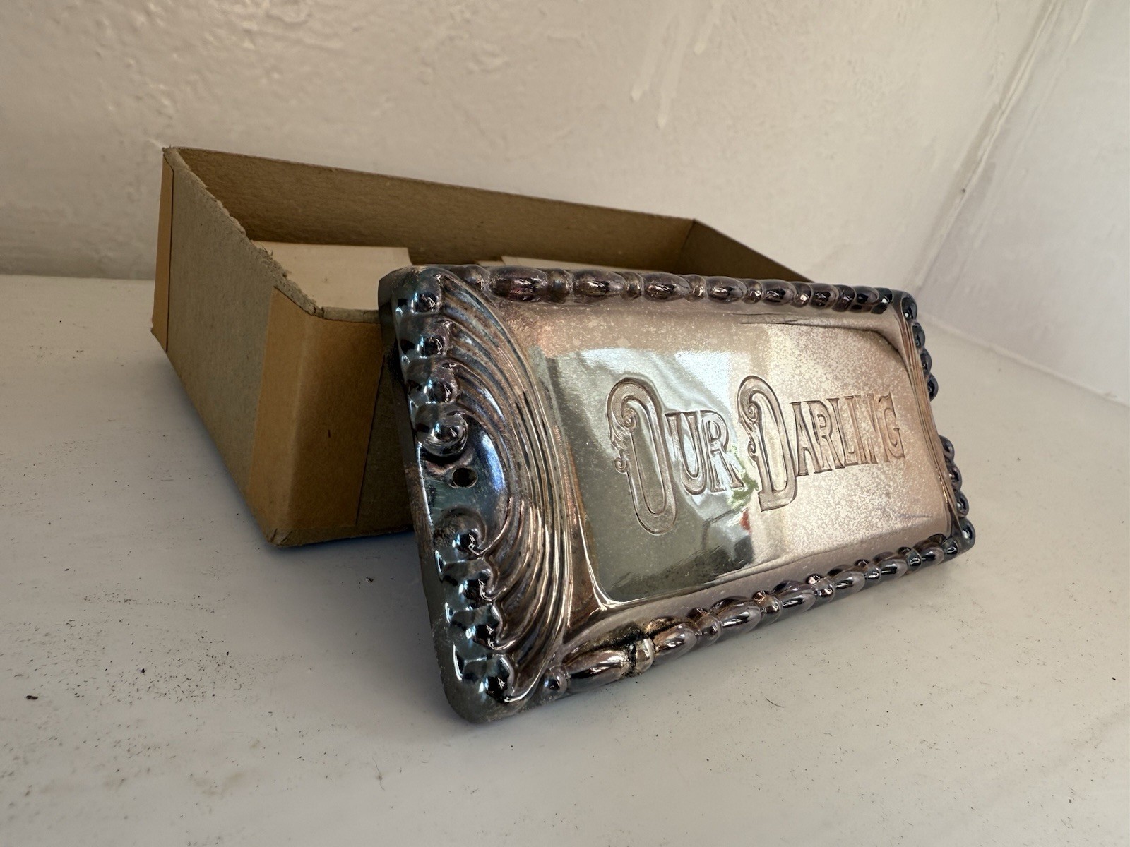 Three Morgan Silver Plate Co ‘Our Darling’ Silver Plated Coffin Plaques With Box