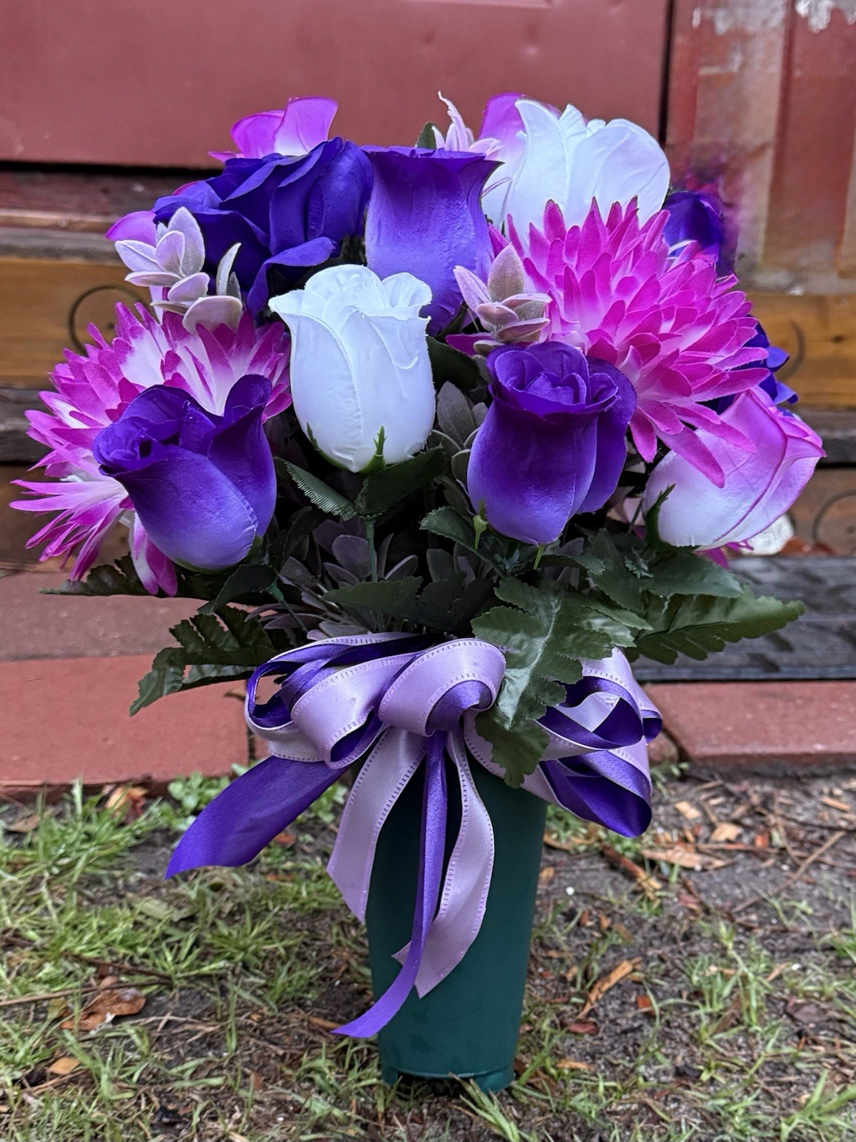 Cemetery Vase Memorial Silk Flower Arrangement Purples & White