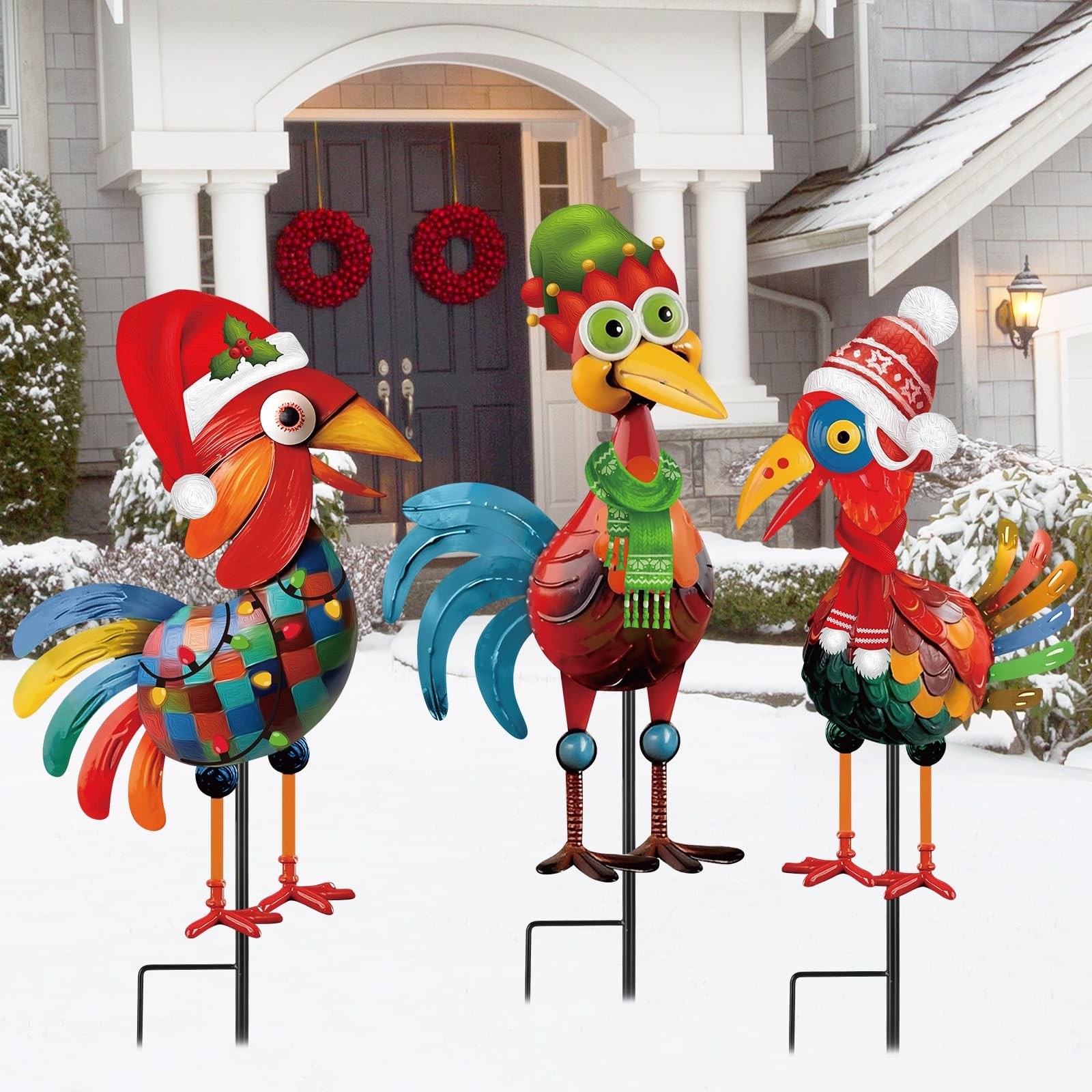 3 Pcs Christmas Chicken Outdoor Decorations Metal Christmas Glossy Rooster Ch…