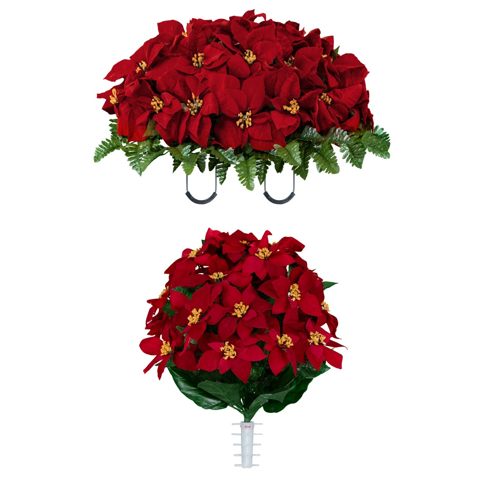 Artificial Cemetery Flowers – Red Poinsettia Saddle and Bouquet