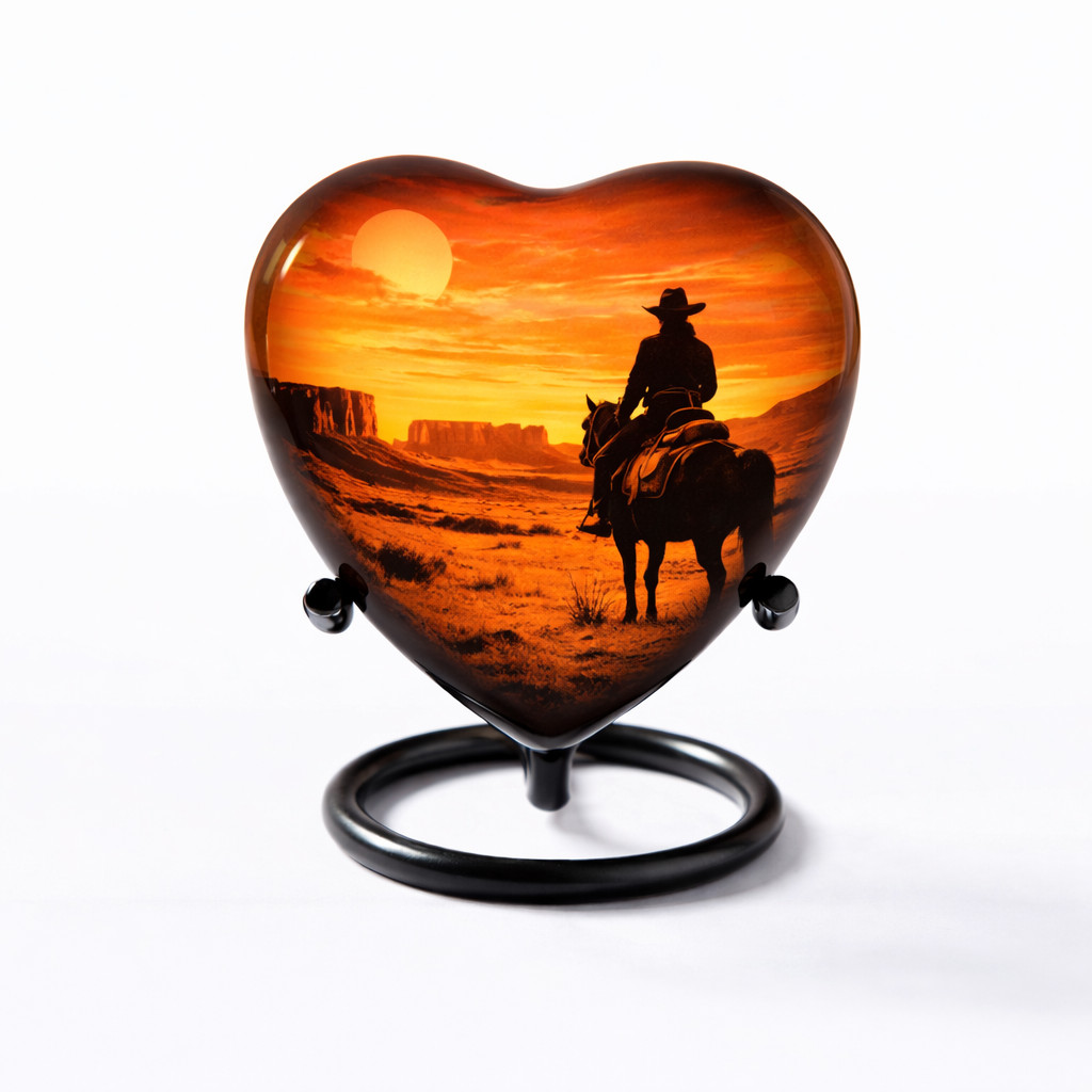 Western Cowboy Sunset Cremation Urn, Desert Landscape Memorial, Aluminum Metal