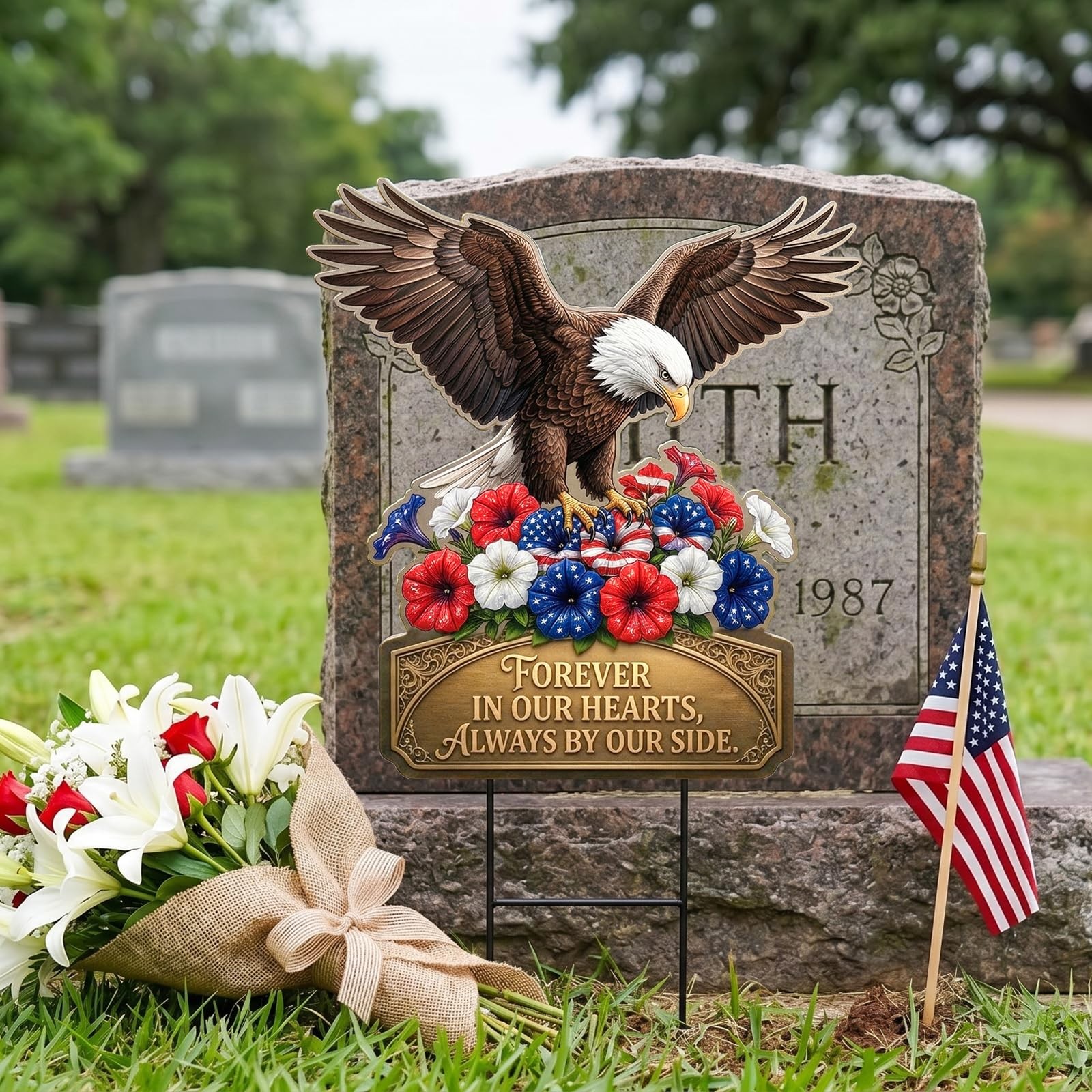 20″ Patriotic Eagle Garden Stake Memorial Decor – Metal Forever in Our Hearts…