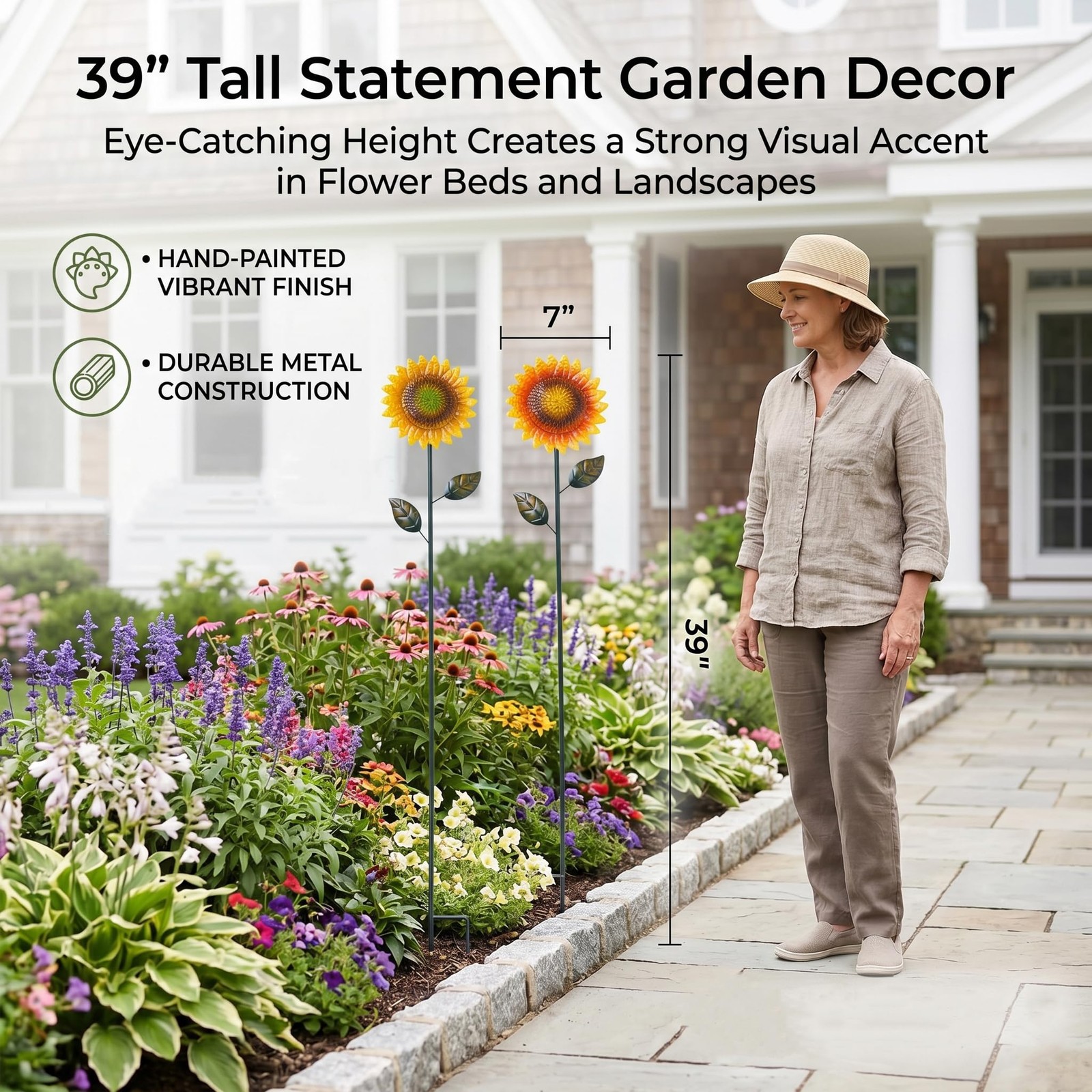 2 Pack 39 Inch Large Sunflower Garden Stakes, Hand-Painted Colorful Metal Yar…