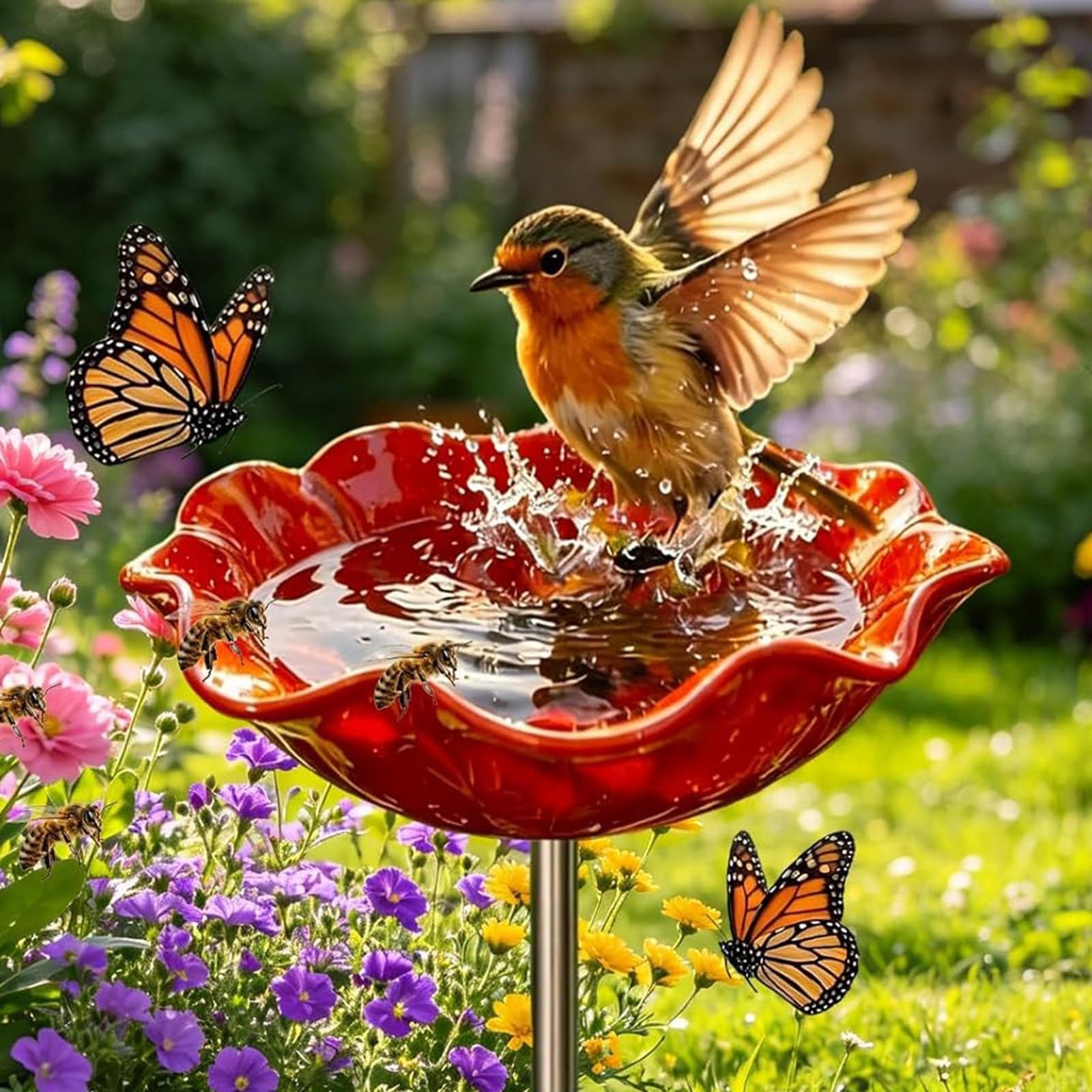 Handmade Metal Flower Garden Stake, Bird Bath for Outside Garden Patio Yard L…