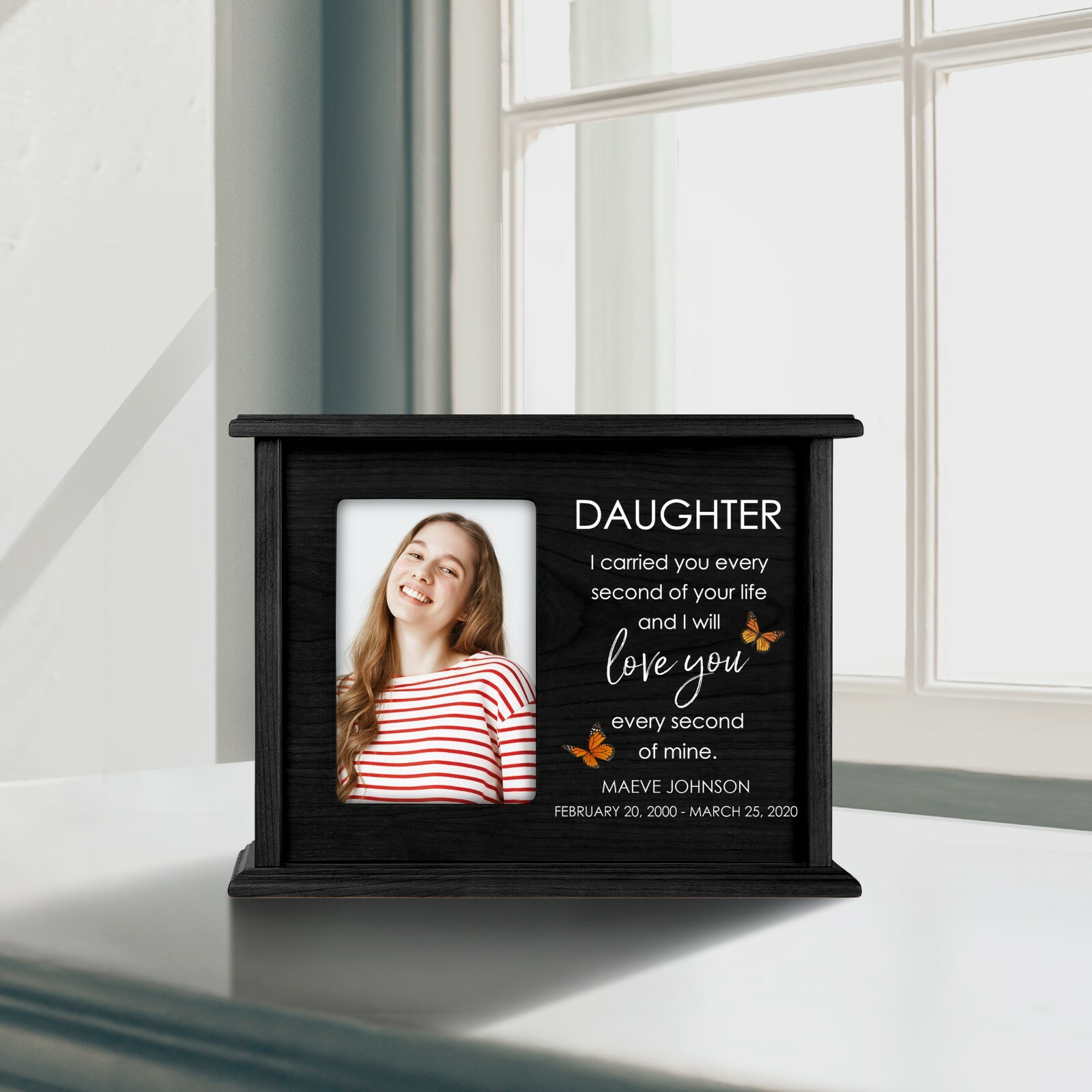Custom Cremation Urn Box Holds 200 cu in with 4×6 Photo – Daughter
