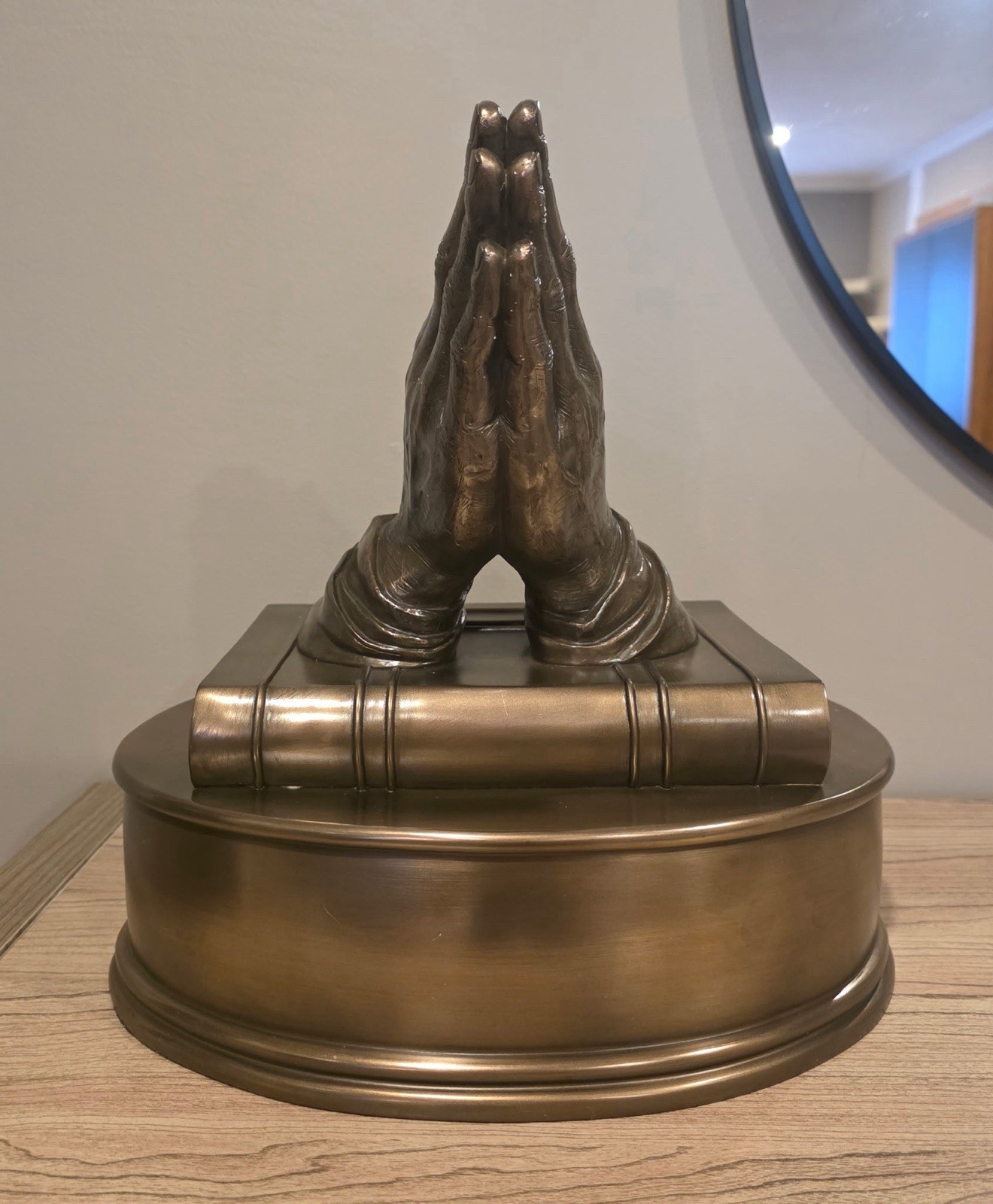 Metal Cremation Urn with Praying Hands and Book Sculpture Religious Motif