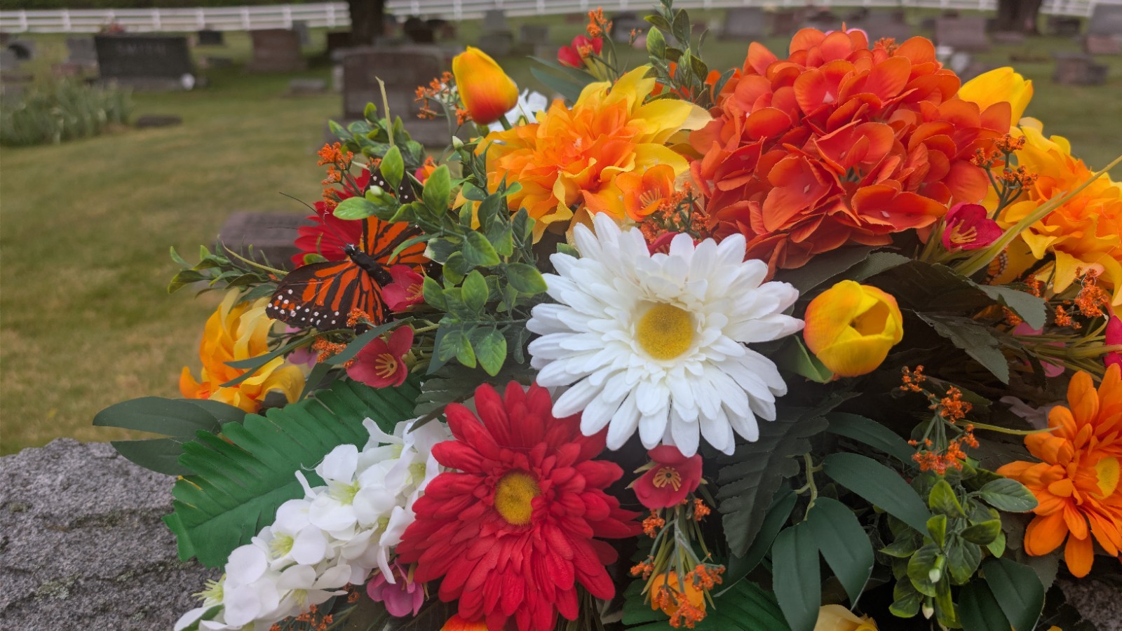 Orange Yellow Summer Grave Saddle, Butterfly Flower Arrangement