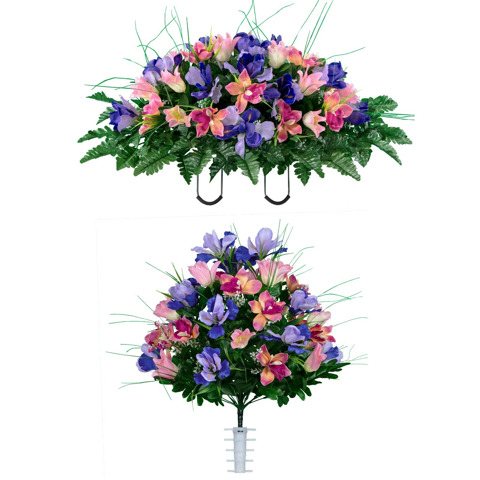 Artificial Cemetery Flowers -Cream Pink Tulips and Purple Iris Saddle & Bouquet