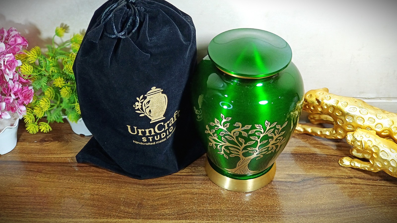 Handcrafted Tree Urn Green Gold – Adult Ashes Urn – Elegant Memorial Urn