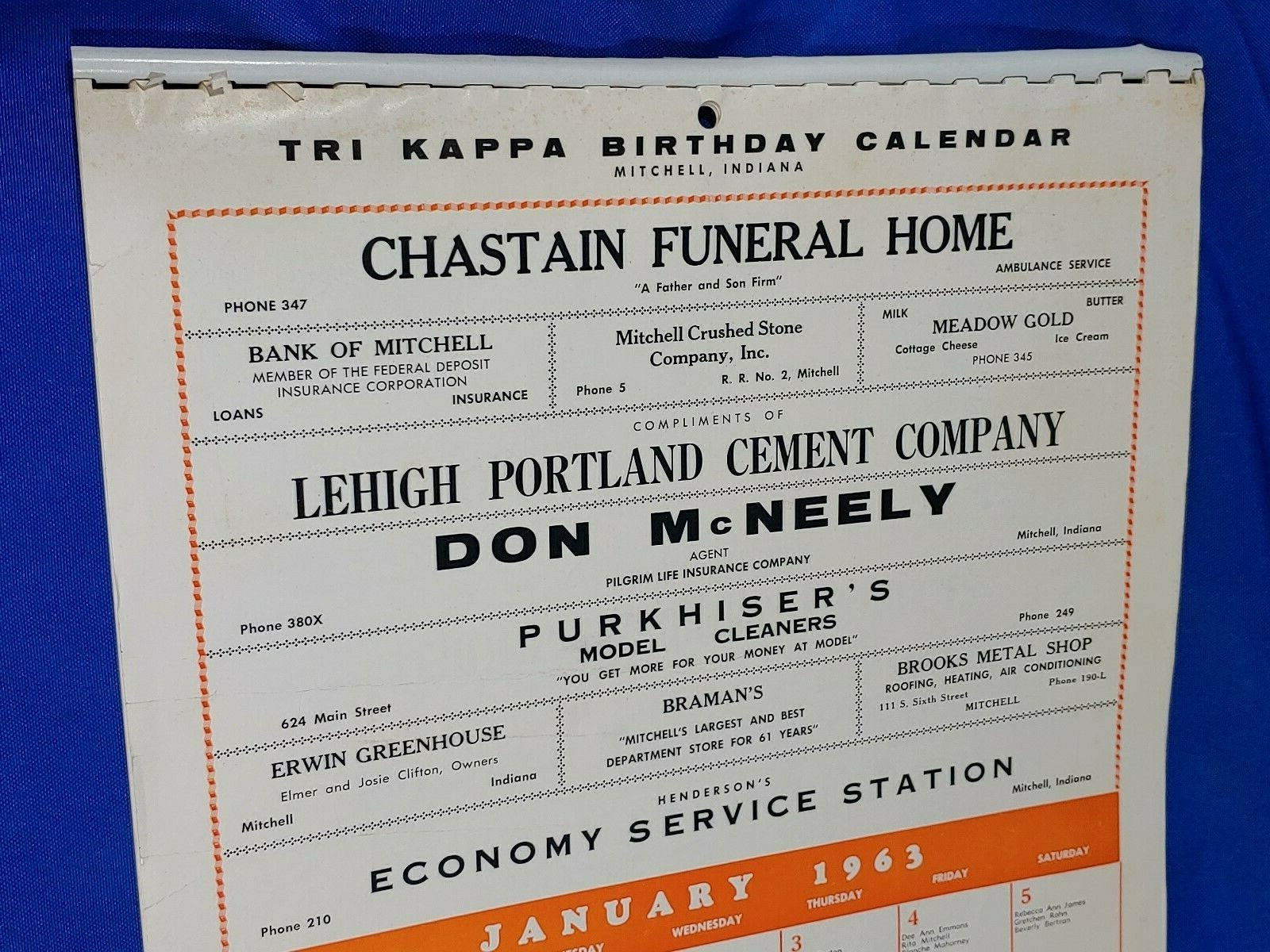 1963 Mitchell, Indiana Advertising Calendar Funeral Home Fitch Chevy Dealer Tri