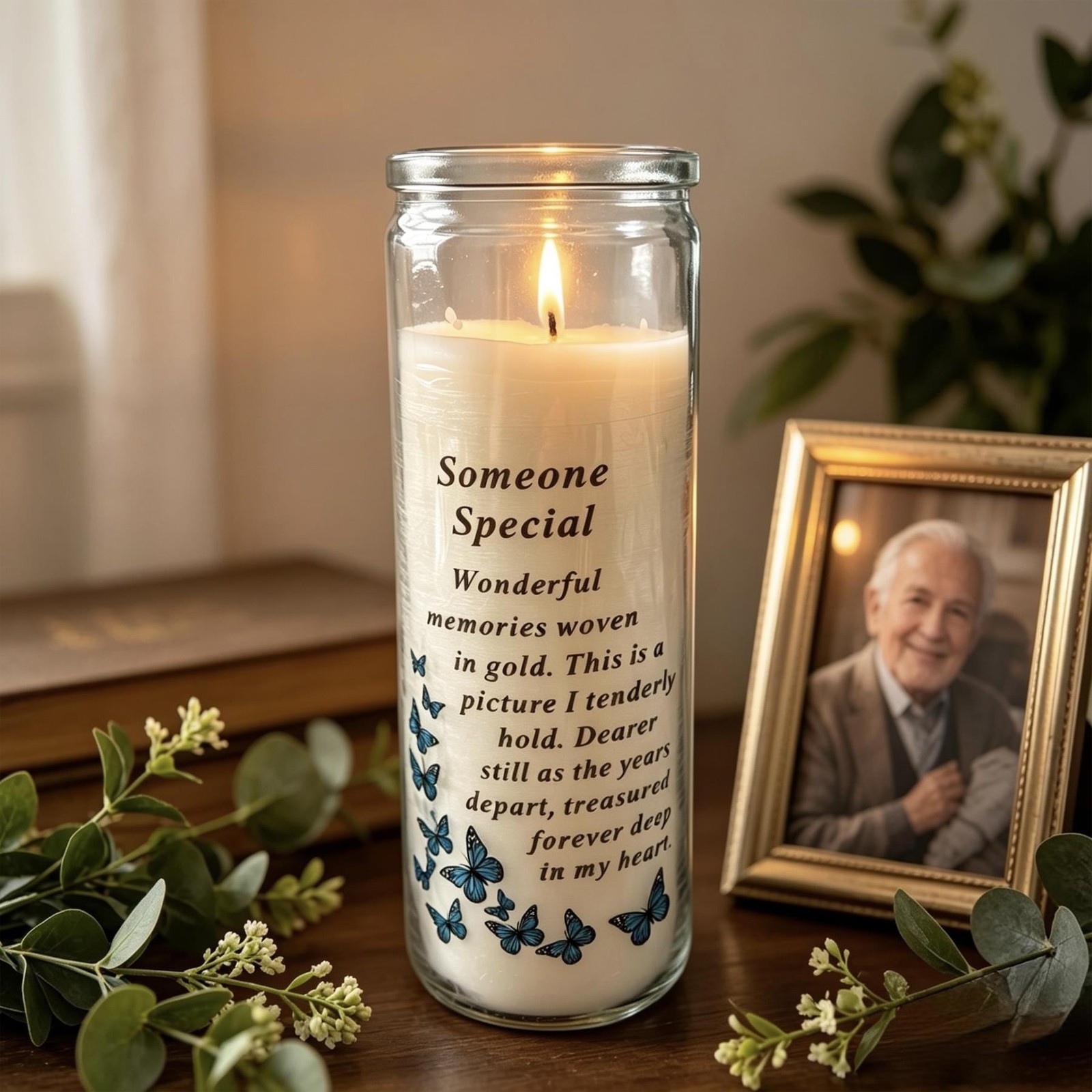 Memorial Candle in Glass Jar with Blue Butterflies and Wording – Someone Special