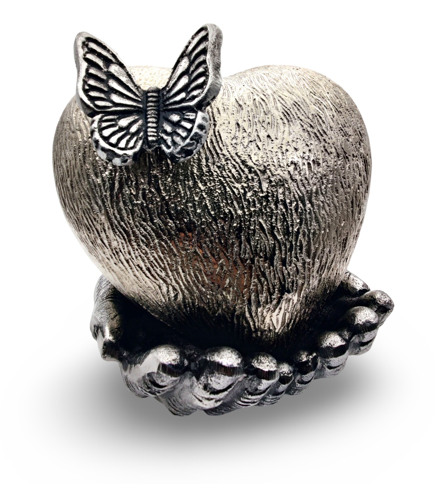 CHROME Cremation Heart Urn with Butterfly for Ashes with Hand Shape Stand