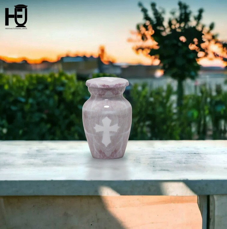 HFU-Elegant Metal Cremation Urn with Light Pink Marble Design and White Cross