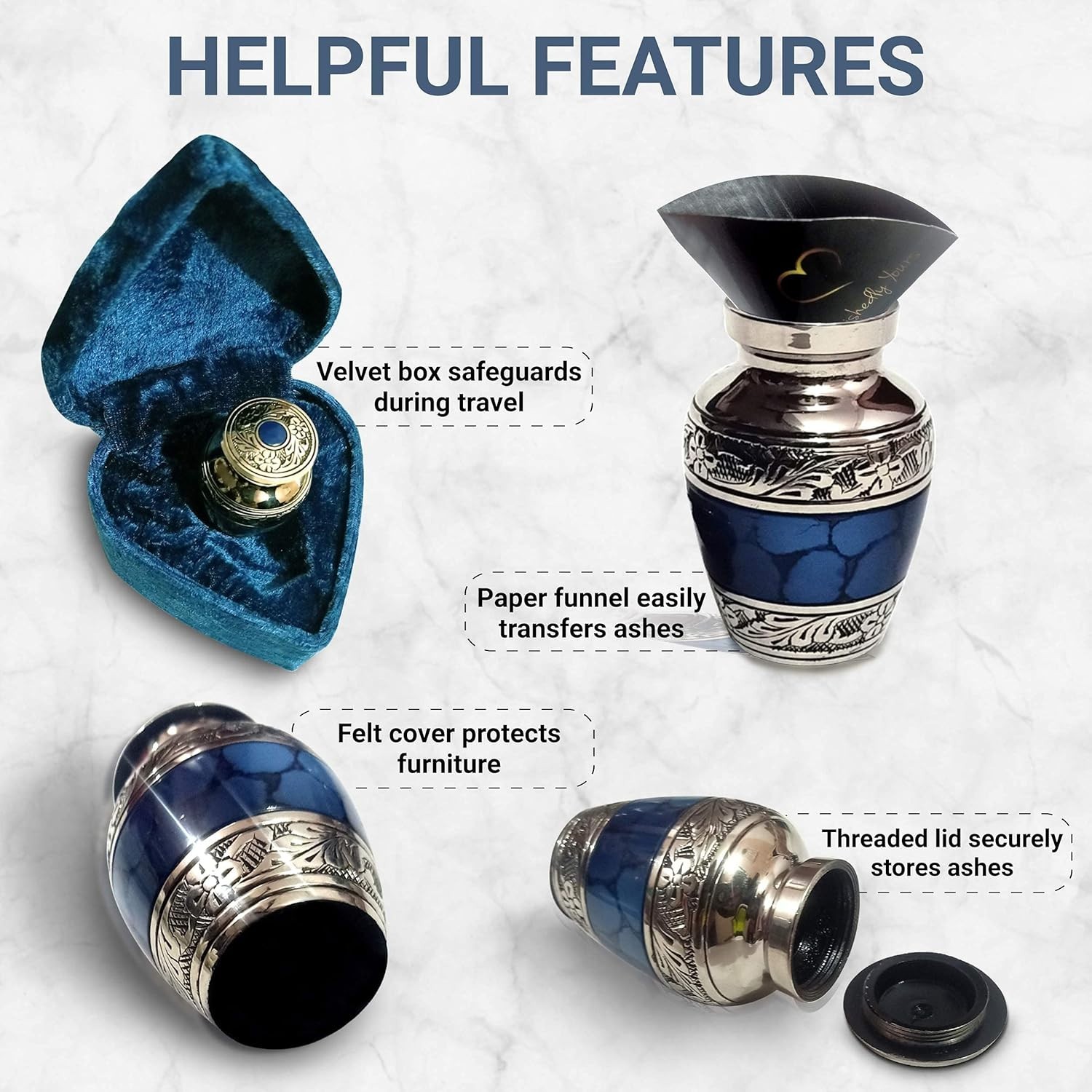 Elegant Mini Memorial Urn for Ashes – Handcrafted Blue Brass with Velvet Case