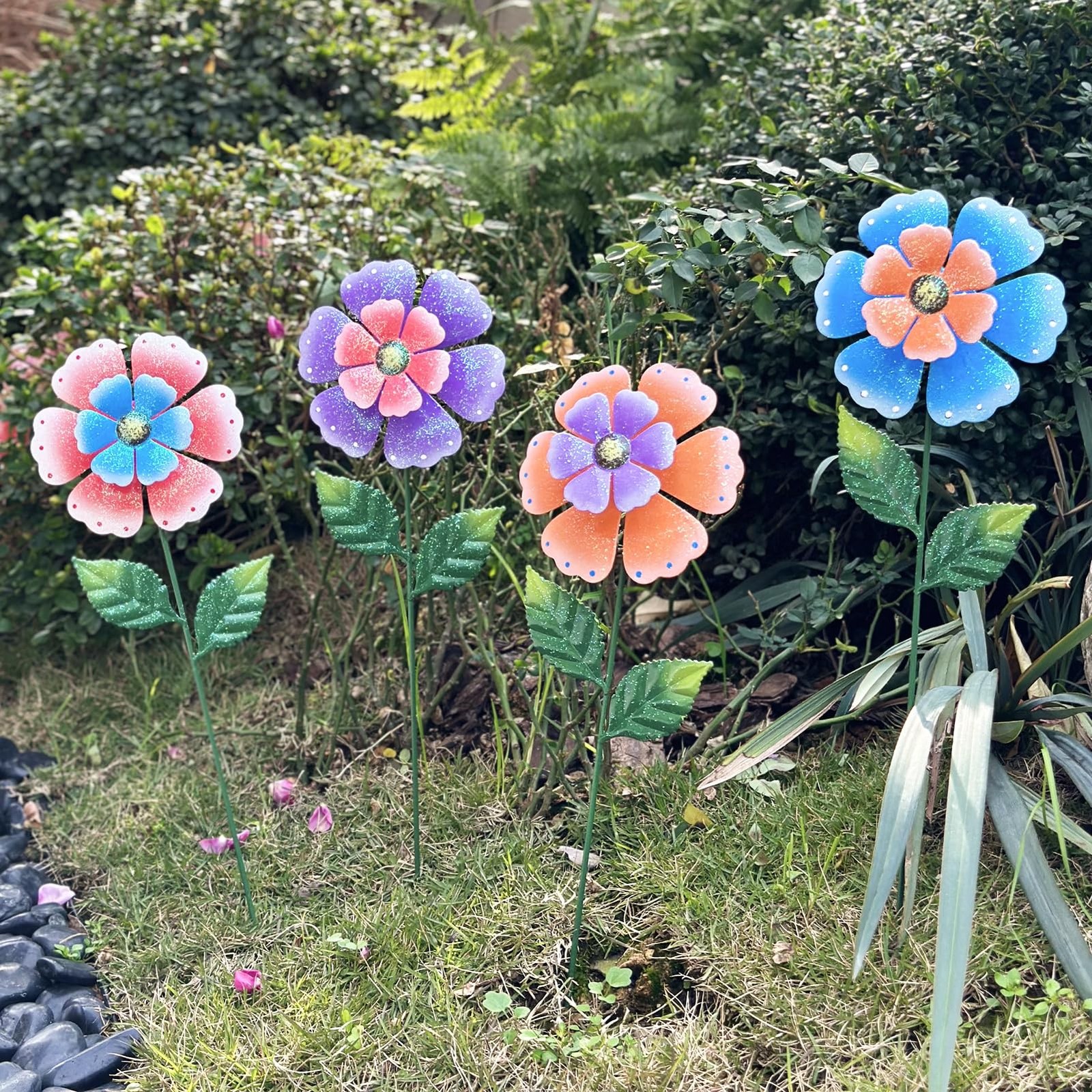 4-Pcs 16.5″ Metal Flower Garden Stakes: Hand-Painted, Weather-Resistant Decor