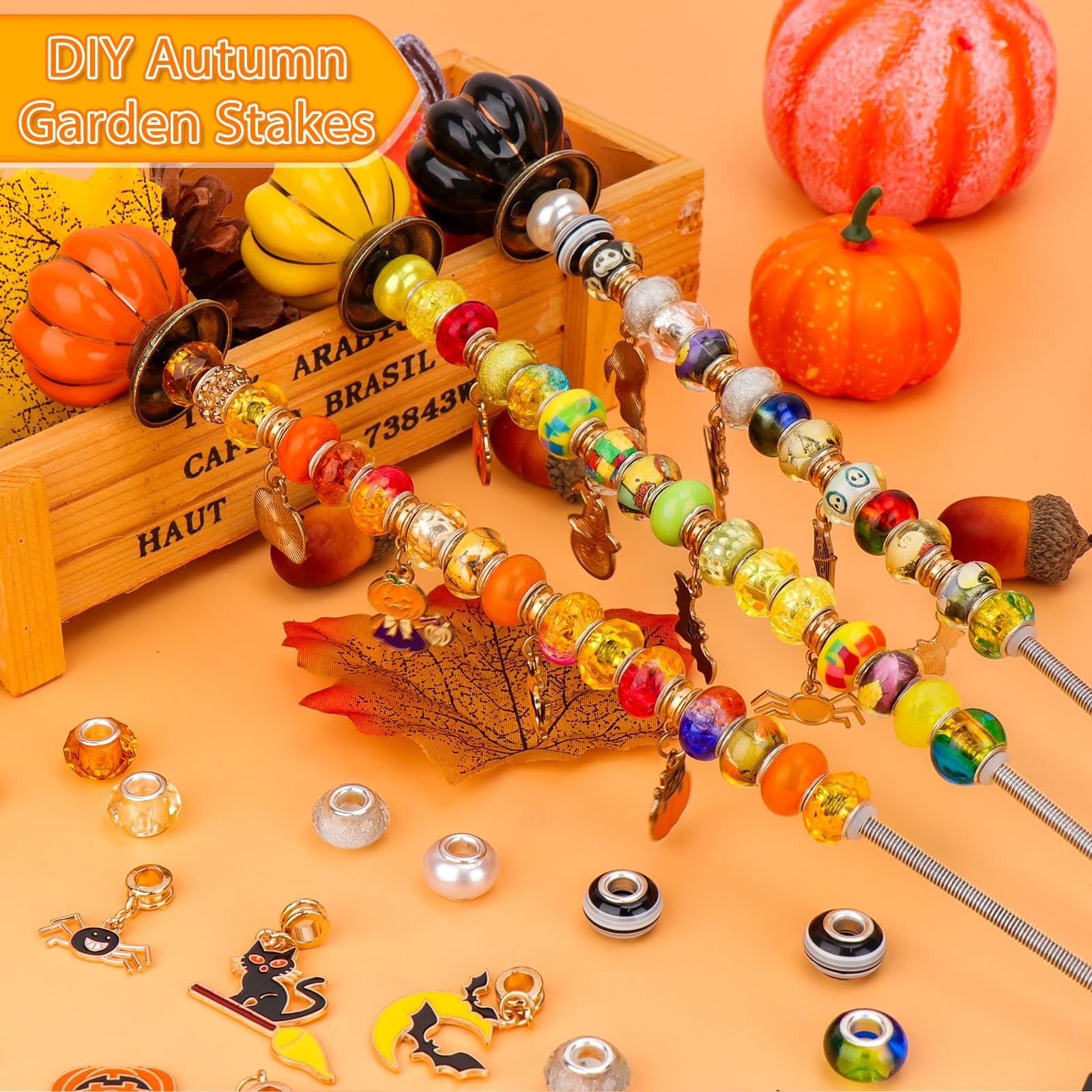 Fall Decorative Garden Stakes Set of 6 Metal Yard Stakes with Pumpkins, Happy