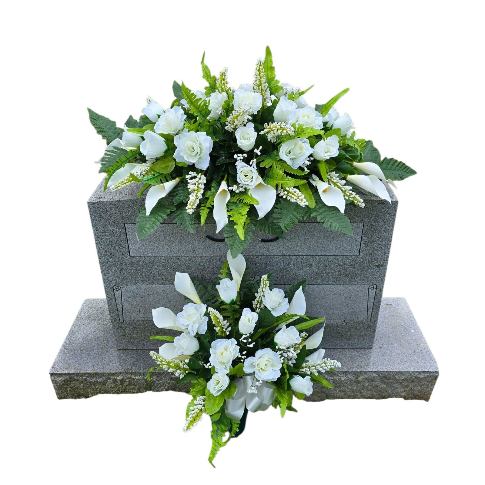 Cream Calla Lily and Rose Headstone Saddle and Cemetery Cone