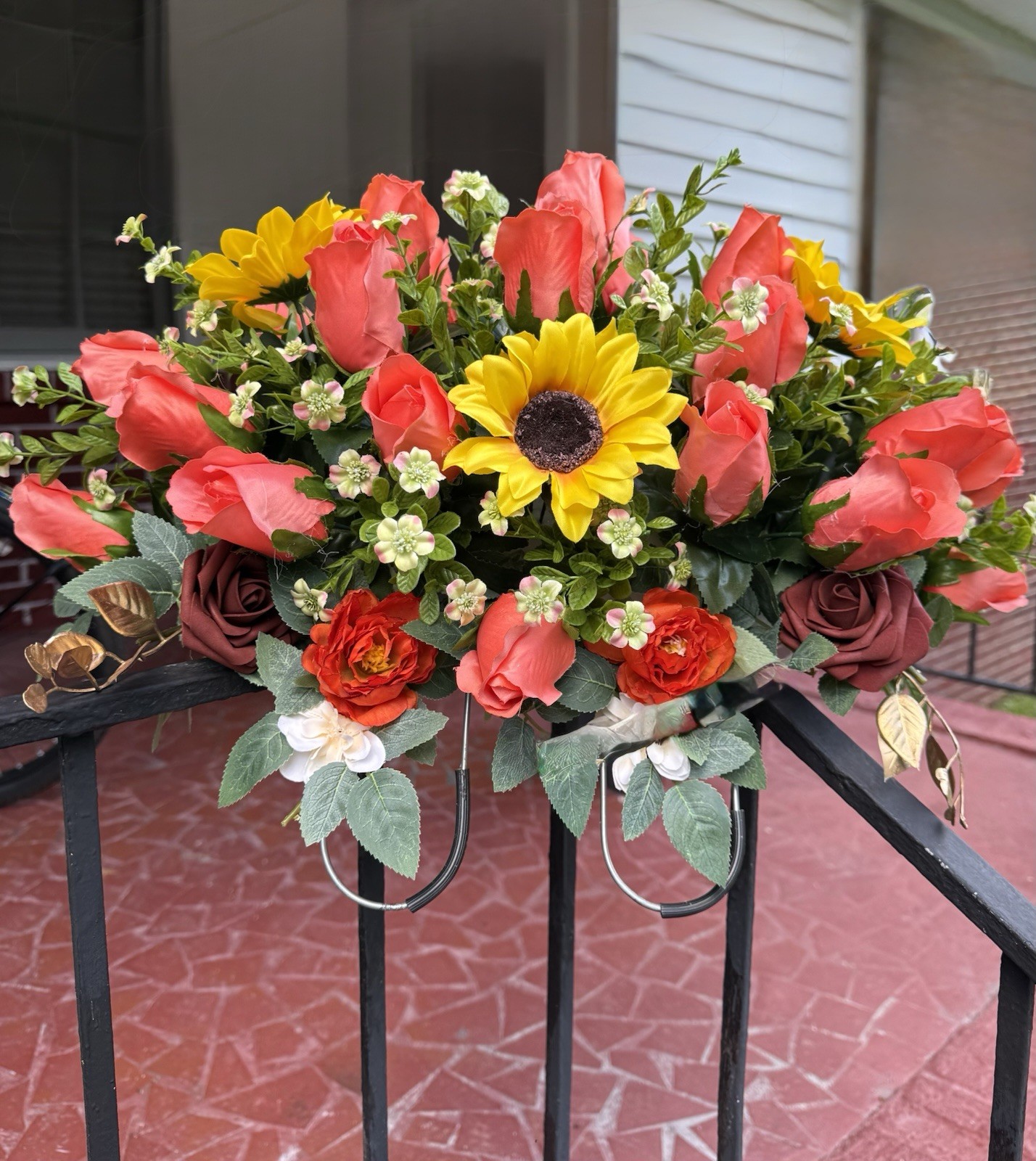 Cemetery Memorial Headstone Saddle Silk Flower Arrangement Tangerine