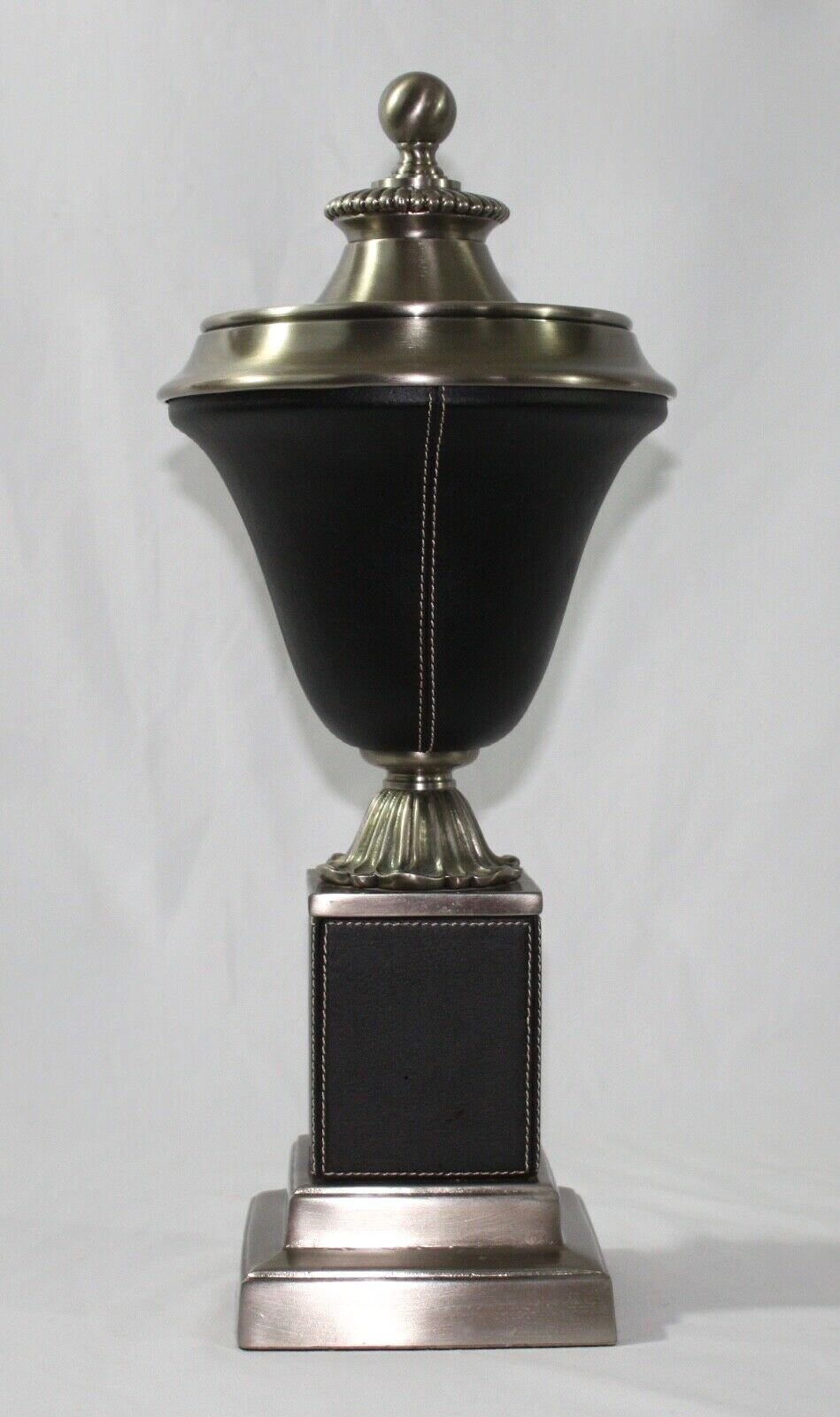 Classic Pedestal Cremation Urn. Leather w/Silver Accents. 18″H. 125 Cubic Inches