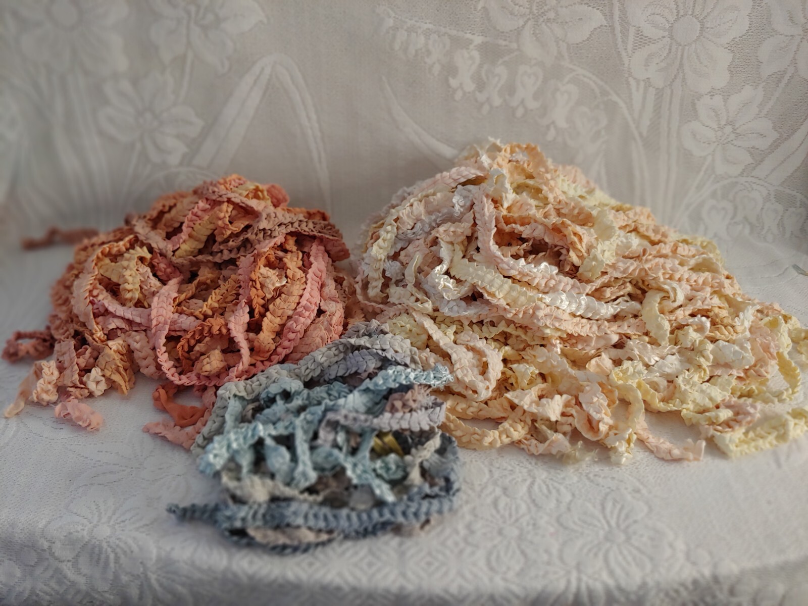 VTG CASKET RIBBON TRIM🌺FUNERAL DECORATION Cream Pink Blue 1940-50 3 LG Hanks