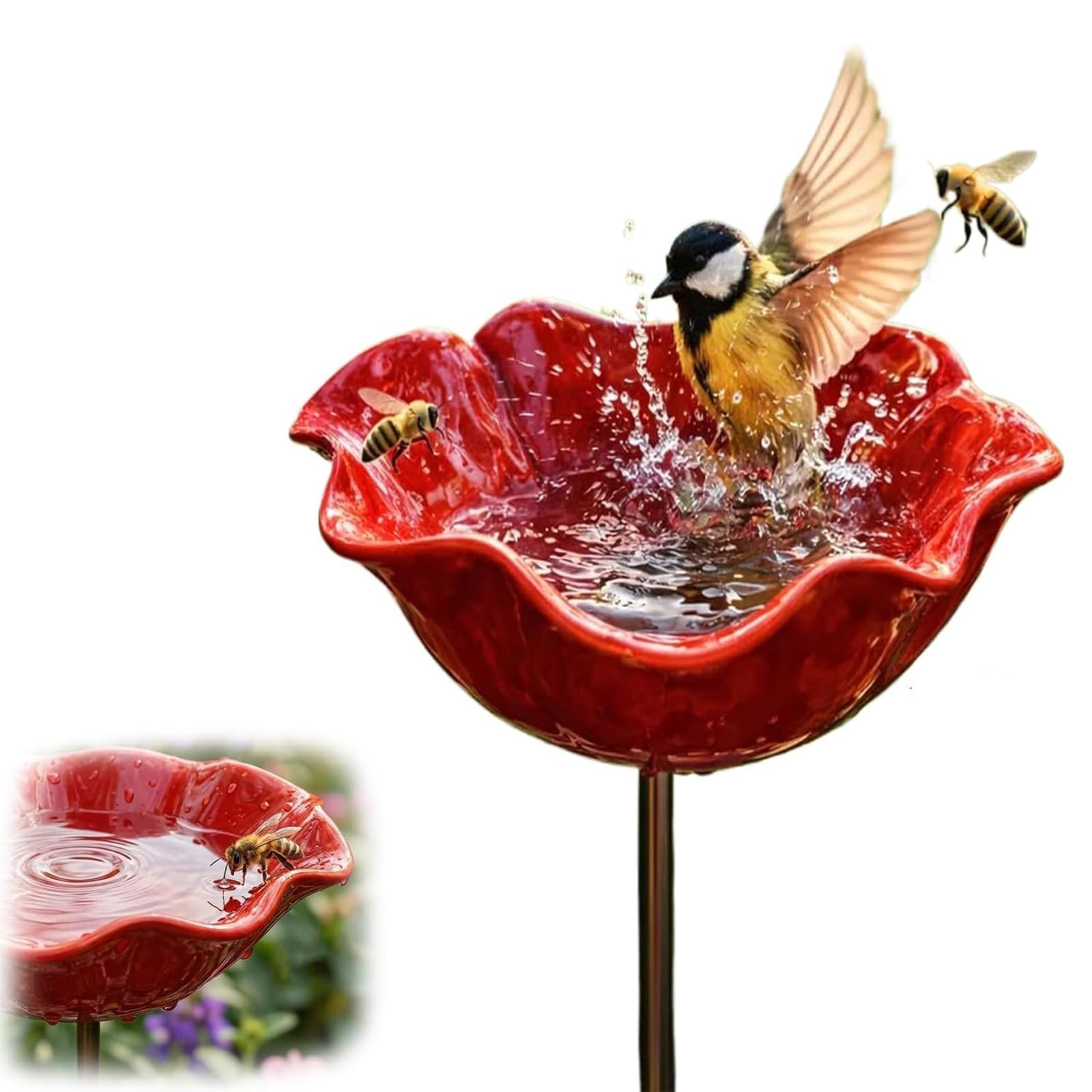 (1PCS) Handmade Metal Flower Garden Stake with Bee Bath & Bird Water Bowl – 2…