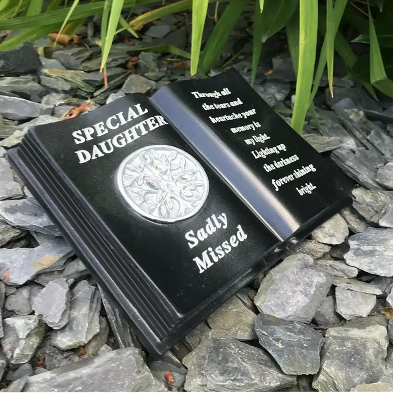 Graveside Memorial Open Book Ornament Black with Tree of Life Special Daughter