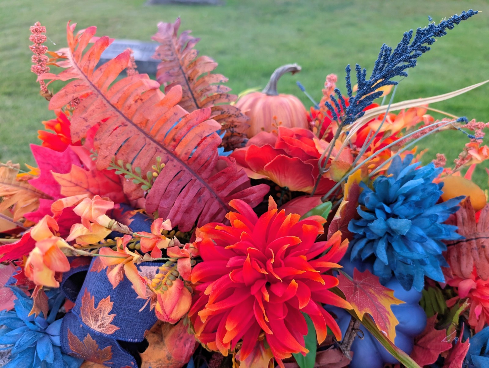 Autumn blue and orange pumpkin headstone saddle