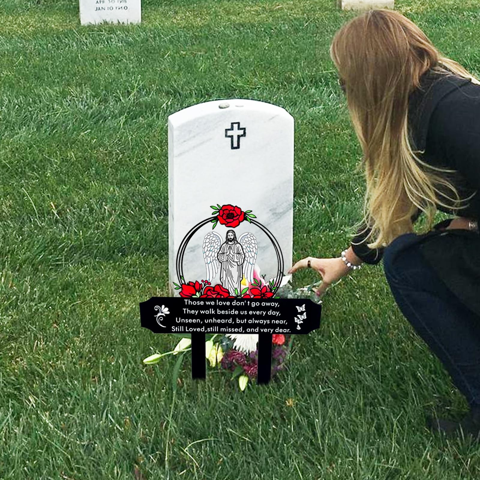 Metal Sympathy Grave Marker Jesus and Roses Waterproof Cemetery Decoration