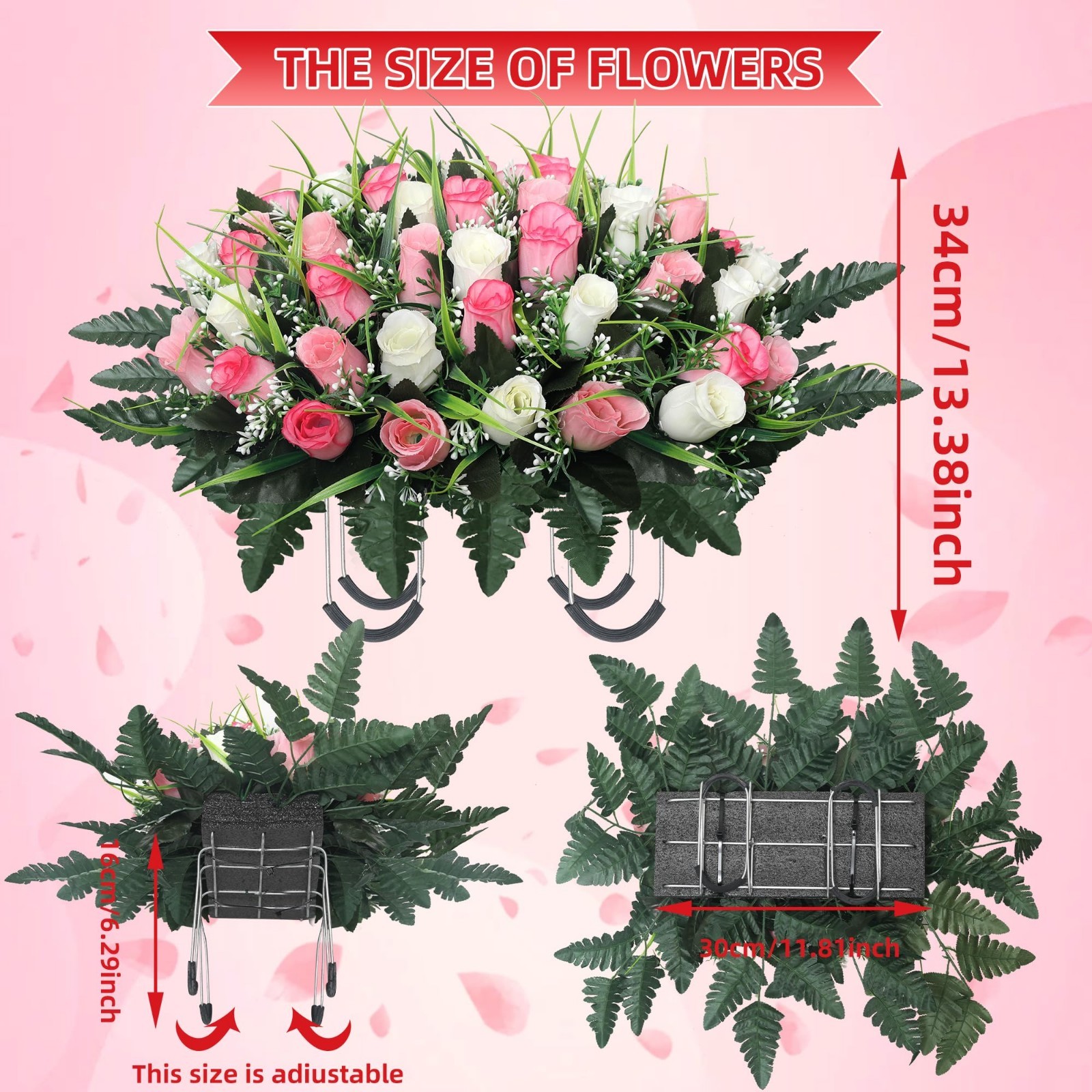 Cemetery Flowers for Grave Decoration – Headstone Flower Saddle (Pink & White)