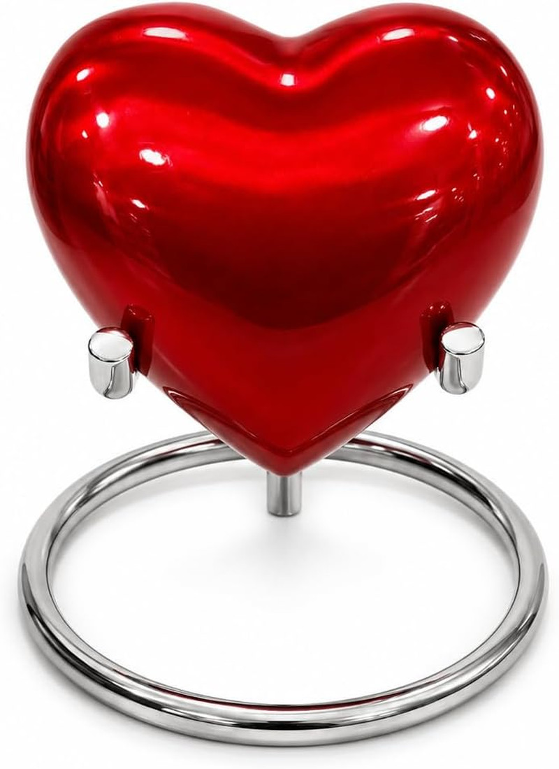 Red Heart Cremation Urn – Keepsake for Human Ashes with Premium Box & Stand – Sm