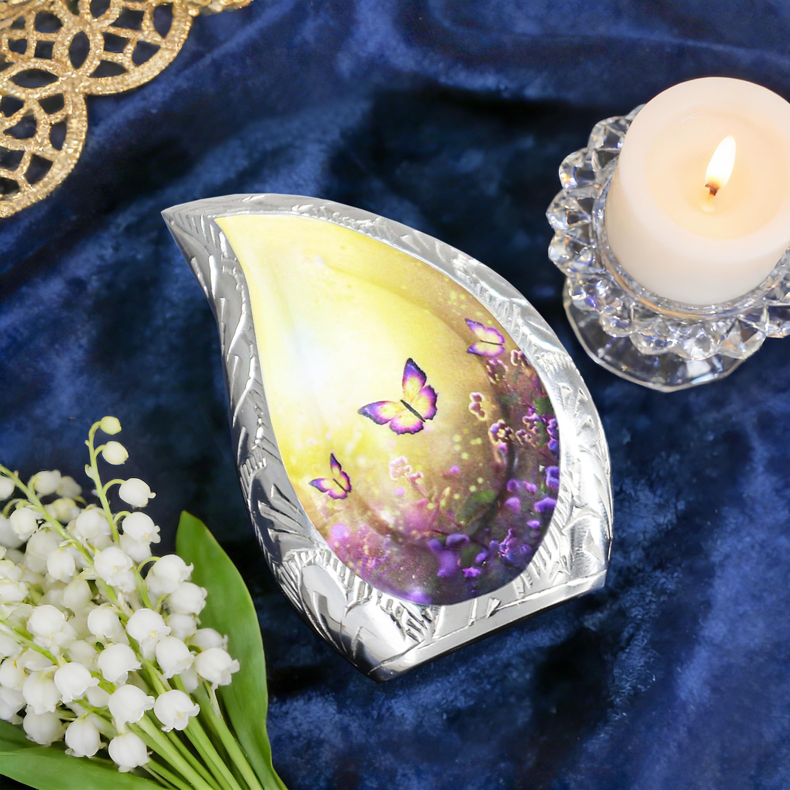 Small Urns for Human Ashes 2.8″ H Yellow Butterflies Teardrop – Keepsake Gift