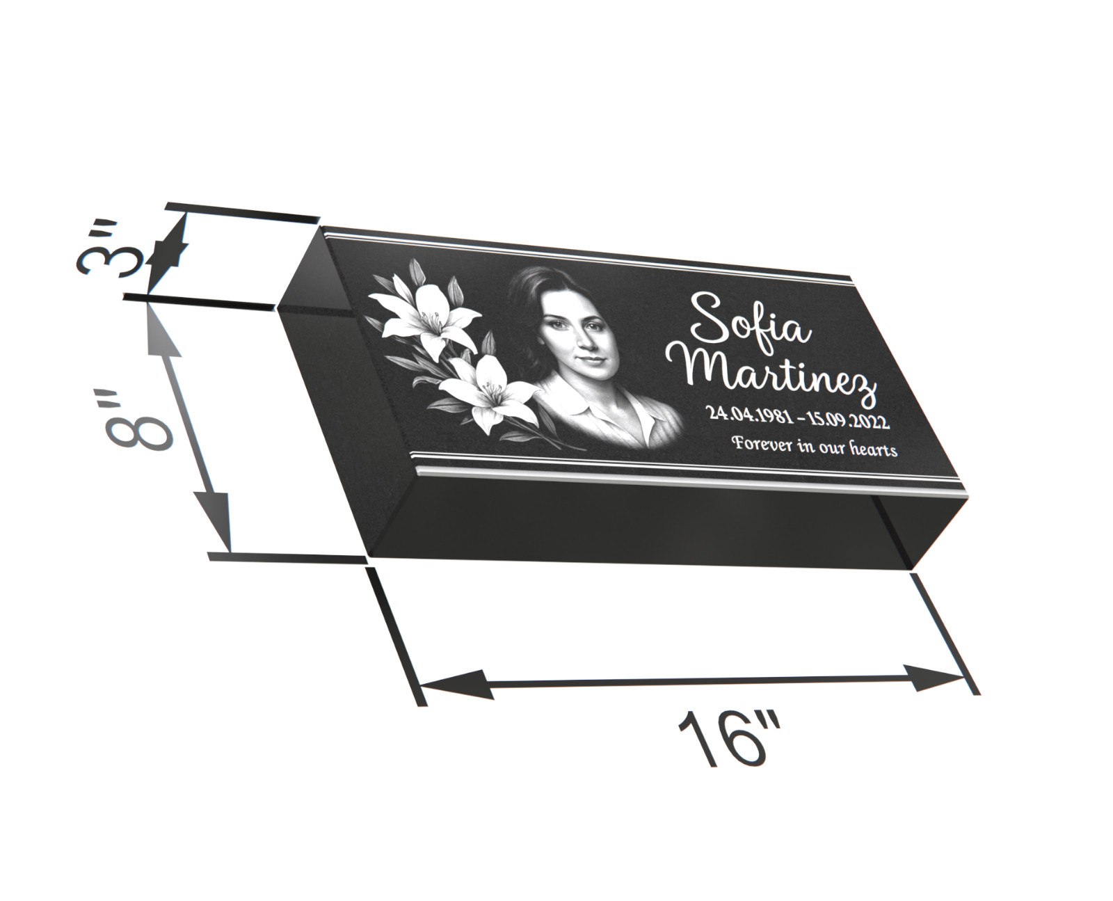 Custom Black Granite Headstone 16x8x3 – Engraved Portrait Memorial with Flowers