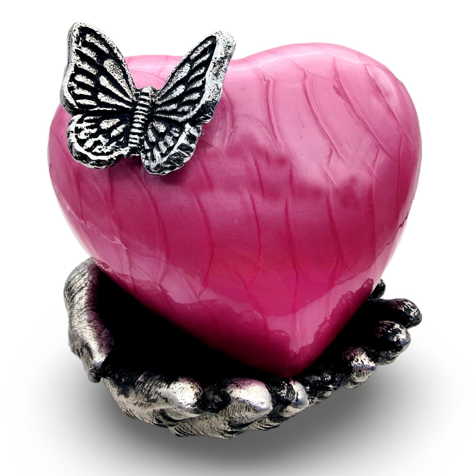 Pink Butterfly Heart Cremation Urn for Ashes with Hand Shape Stand Memorial