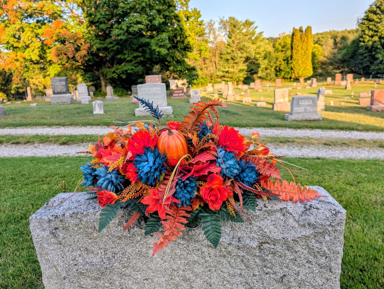 Autumn blue and orange pumpkin headstone saddle