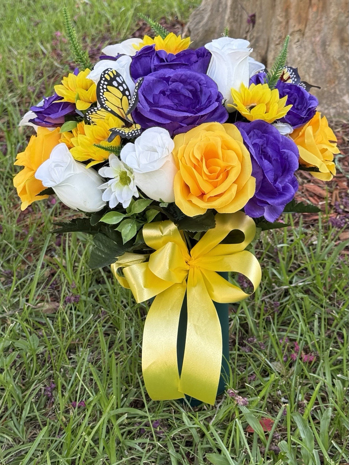 Cemetery Vase Memorial Silk Flower Arrangement Purple, Off White, Butterfly