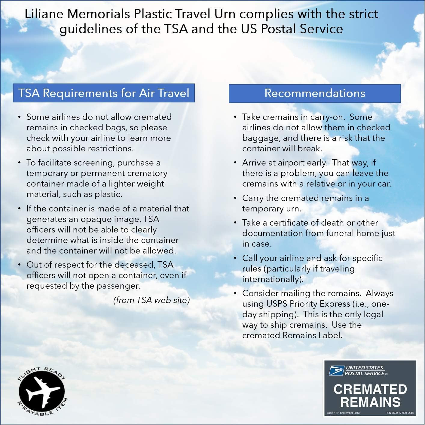 Airline Safe Plastic Temporary Travel Cremation Urn for Human Ashes, TSA Approve